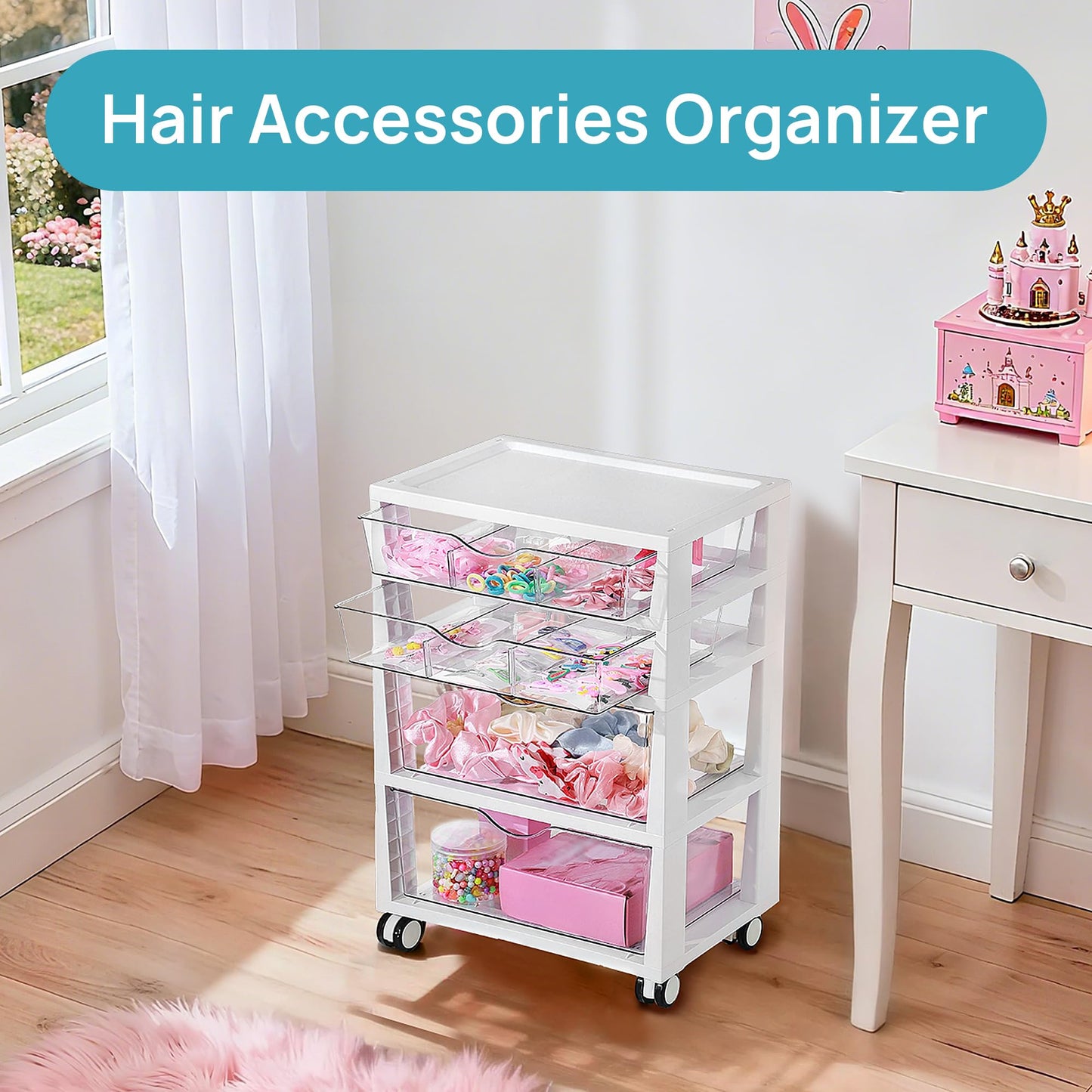 Vtopmart Plastic Drawer Storage Rolling Cart with Wheels, 4-Tier Drawer Organizer for Art Crafts Supplies, Home Office Supplies, Toys, Under Desk Storage for Office, Craft Room, Bedroom, Classroom