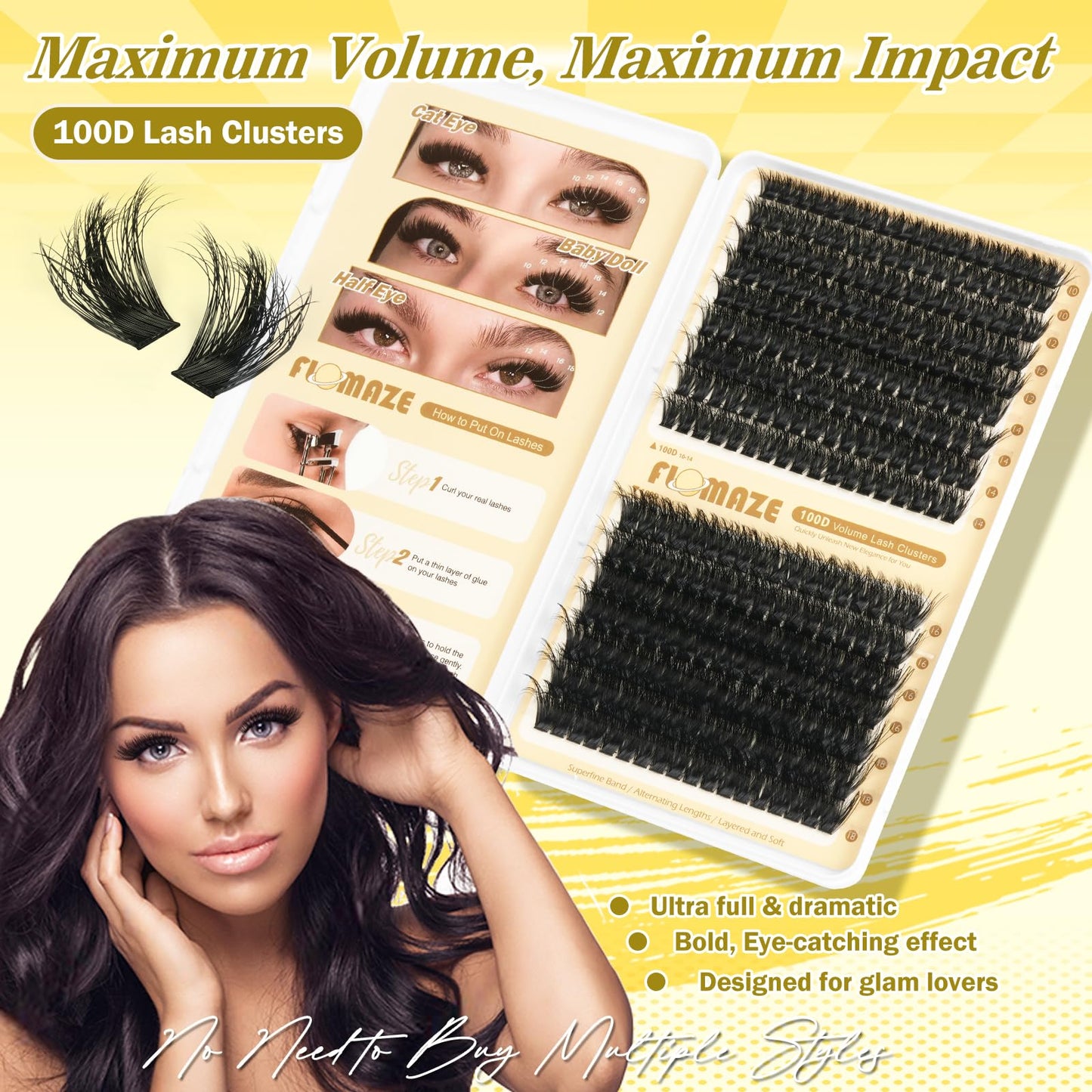 FLOMAZE Fluffy Lash Clusters 100D Eyelash Clusters Wispy Lash Clusters 10-18mm, D Curl Lash Extensions, 288pcs DIY Eyelash Extension for Beginners at Home