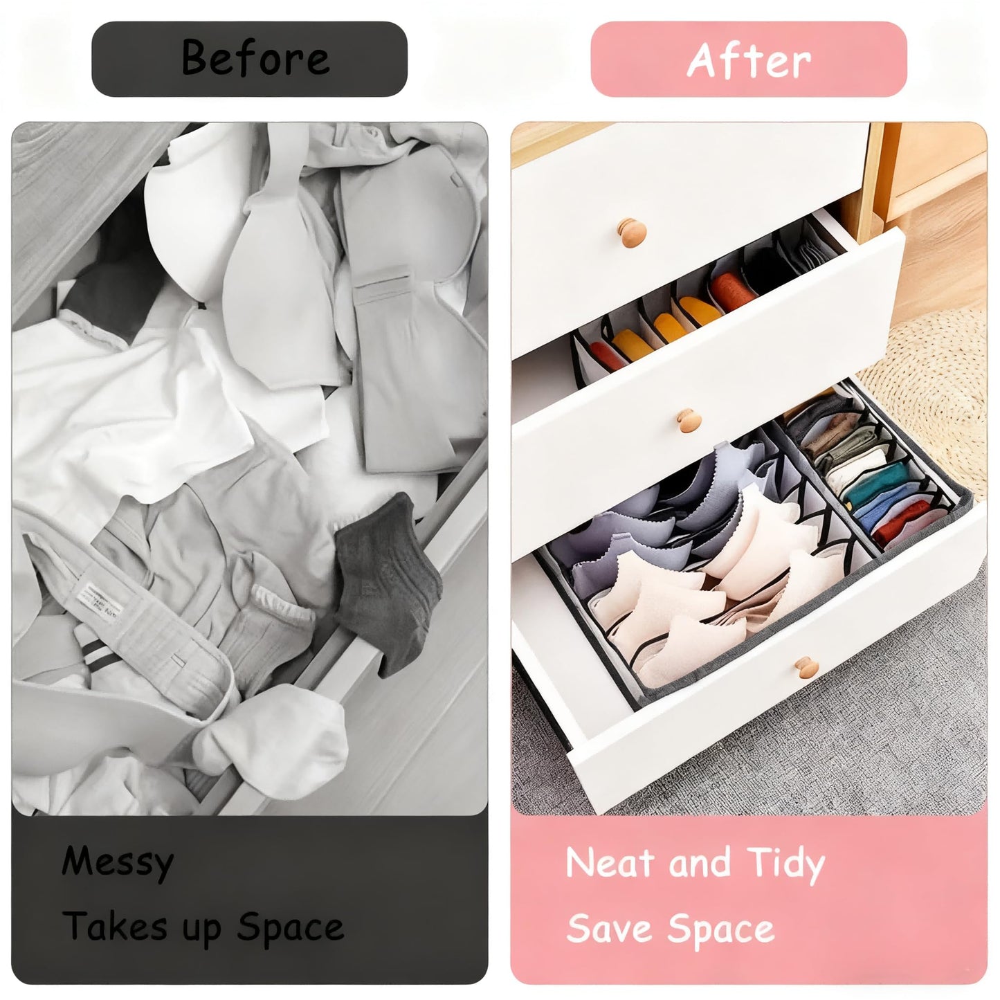 1PC Grey 7-Grid Drawer Divider Storage Bag - Transparent Polyester Organizer, Ideal for Lingerie, Socks & Ties Organization