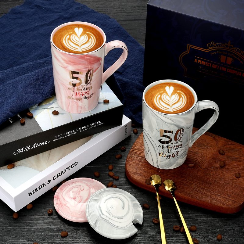 Sovyime 50 Years of Being Mr Right and Mrs Always Right Wedding Marriage Anniversary Cup for Couple Ceramic Marble Coffee Mugs - 14 Oz (50th Anniversary)