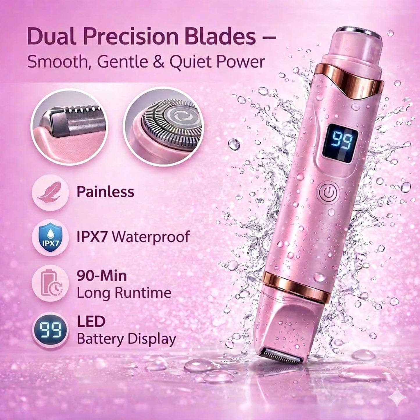 Painless Electric Bikini Trimmer for Women, Wet & Dry Use Dual Head Electric Shaver for Private Area, 2-in-1 Bikini Trimmer for Silky Skin Body Hair Underarm Leg Arm