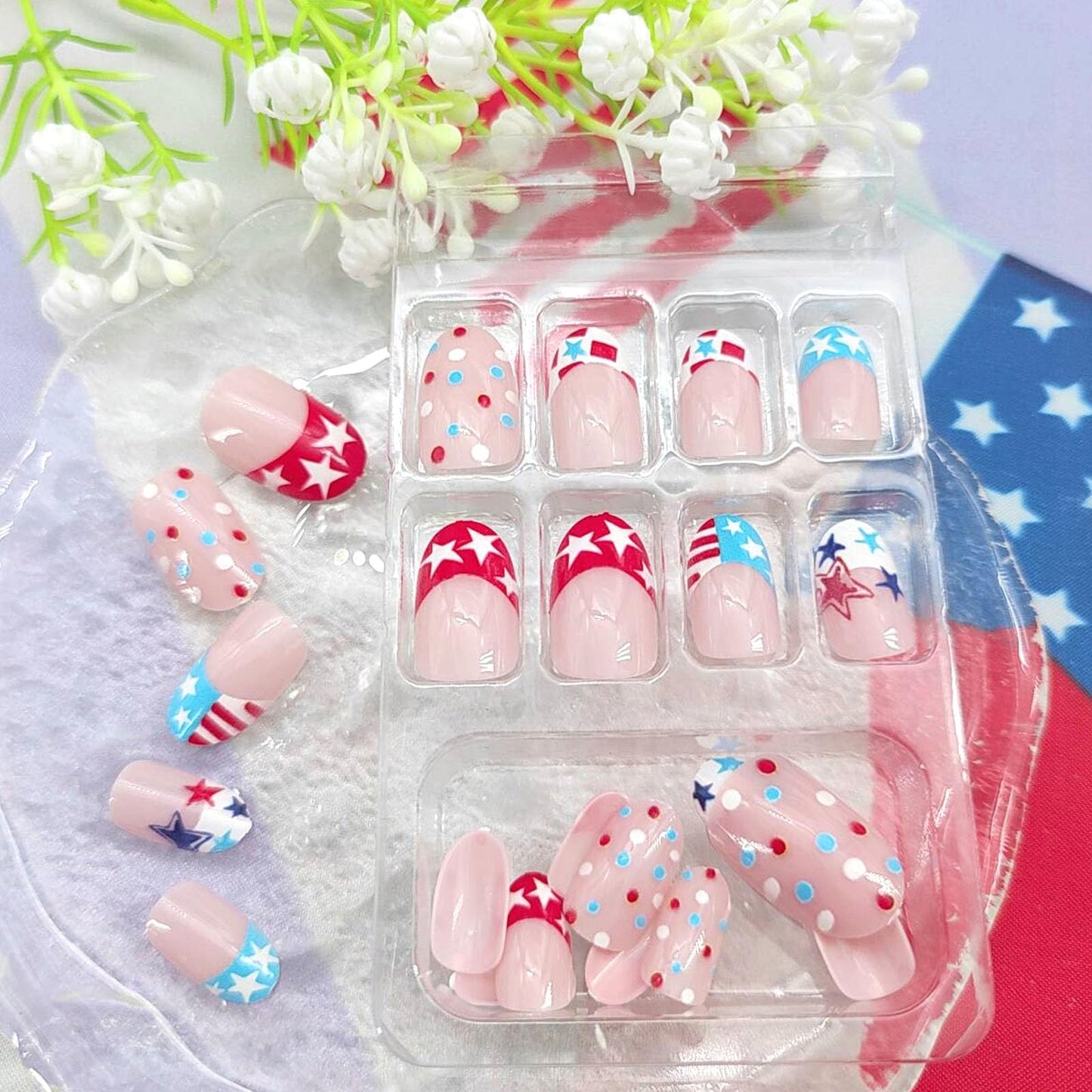 Independence Day Press on Nails Short Oval Fake Nails French Tip Nails Press ons Glossy Glue on Nails Pink False Nails with Stars Polka Dots American Flag Designs Glossy Stick on Nails for Women 24Pcs
