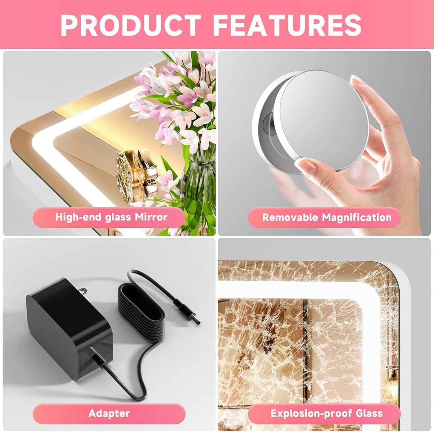 LED Makeup Mirror with Lights - 23" x 18" Dimmable Vanity Mirror | 10X Magnification, Smart Touch, USB Charging