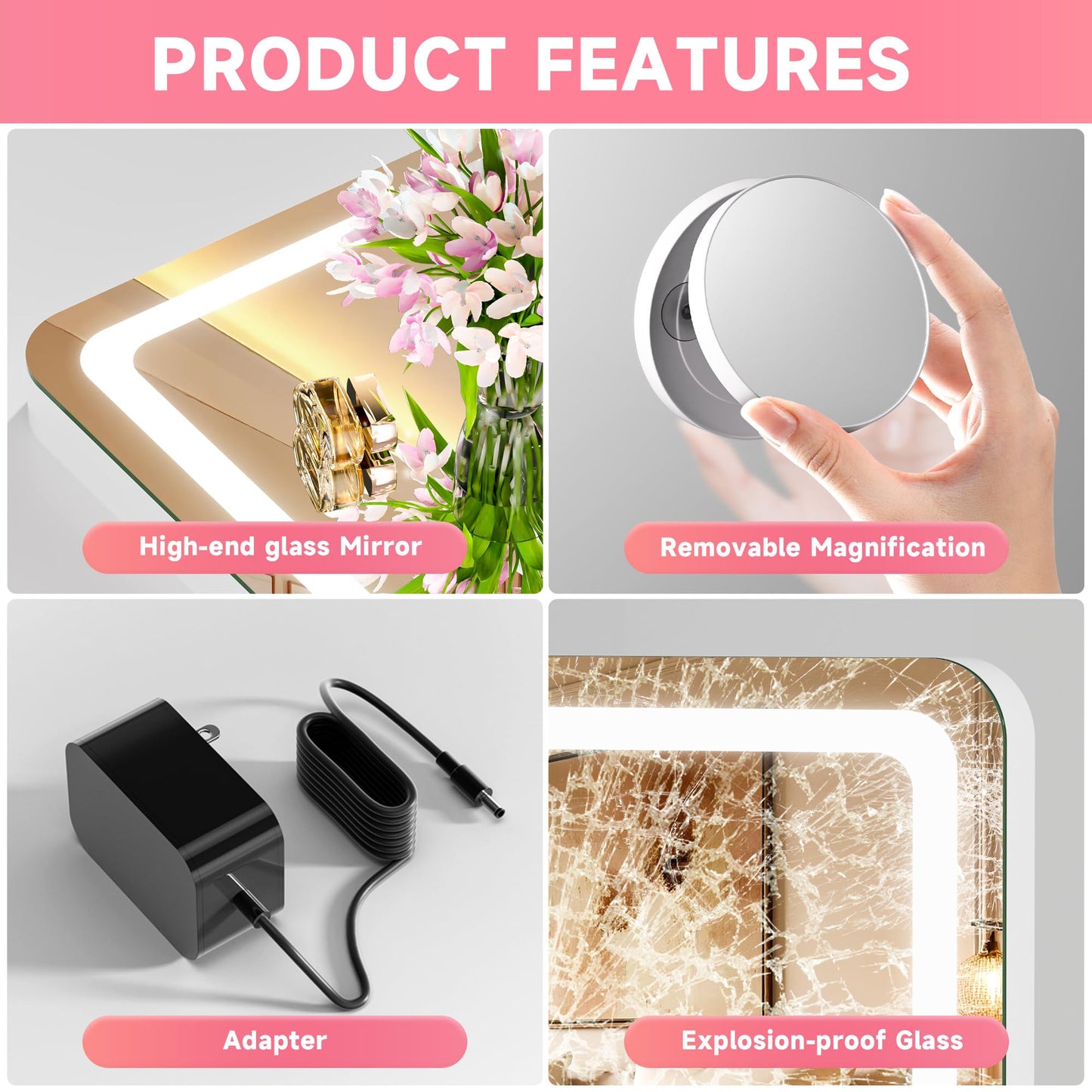 Batuso Vanity Mirror with Lights, 23" x 18" LED Makeup Mirror with 10X Magnification, Dimmable 3 Modes, Memory Function, Smart Touch, USB Charging Port, Lighted Makeup Mirror Round White