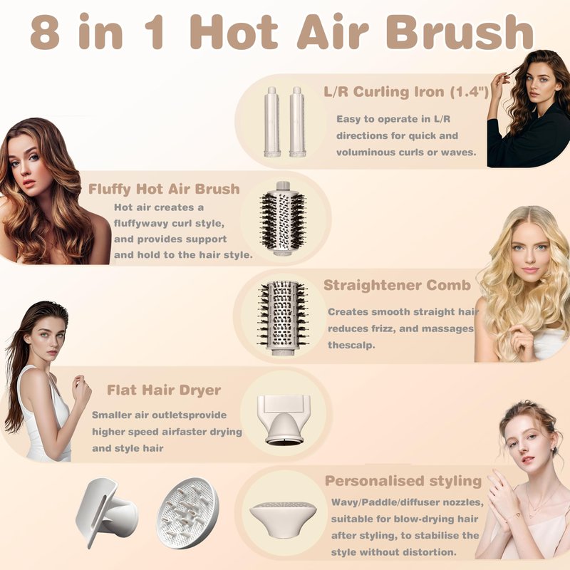 8 in 1 Hair Dryer Brush and Blow Dryer, Hot Hair Styler with 110,000 RPM High-Speed Negative Ion, Automatic Curling Iron, Thermal Hair Brush for Fast Drying Straightening Curling Voluming (Champagne)