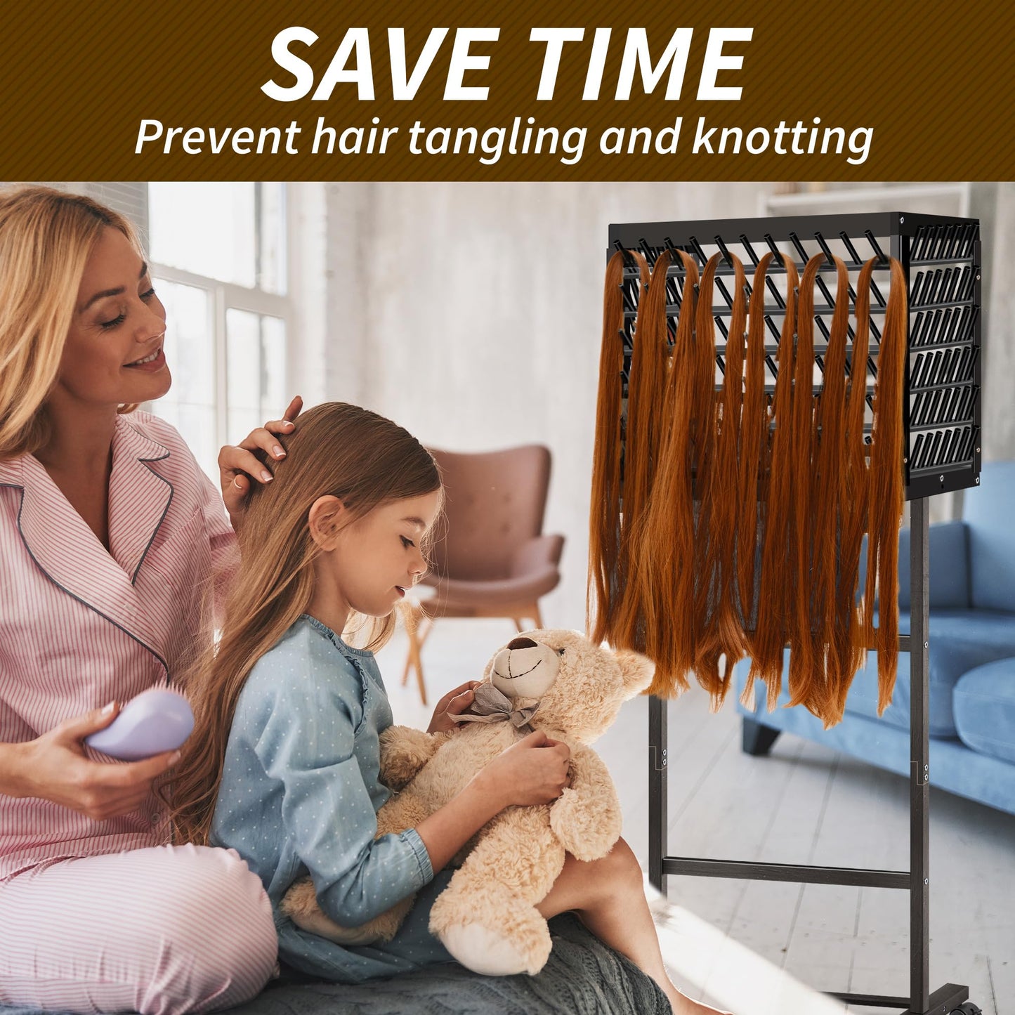 GENMOUS Black Braiding Hair Rack - 150 Pegs, Tri-Sided Braid Rack with 4 Wheels and Large Storage Shelf, for Braiders Standing Home,Hair Separator Stand for Hairstylists