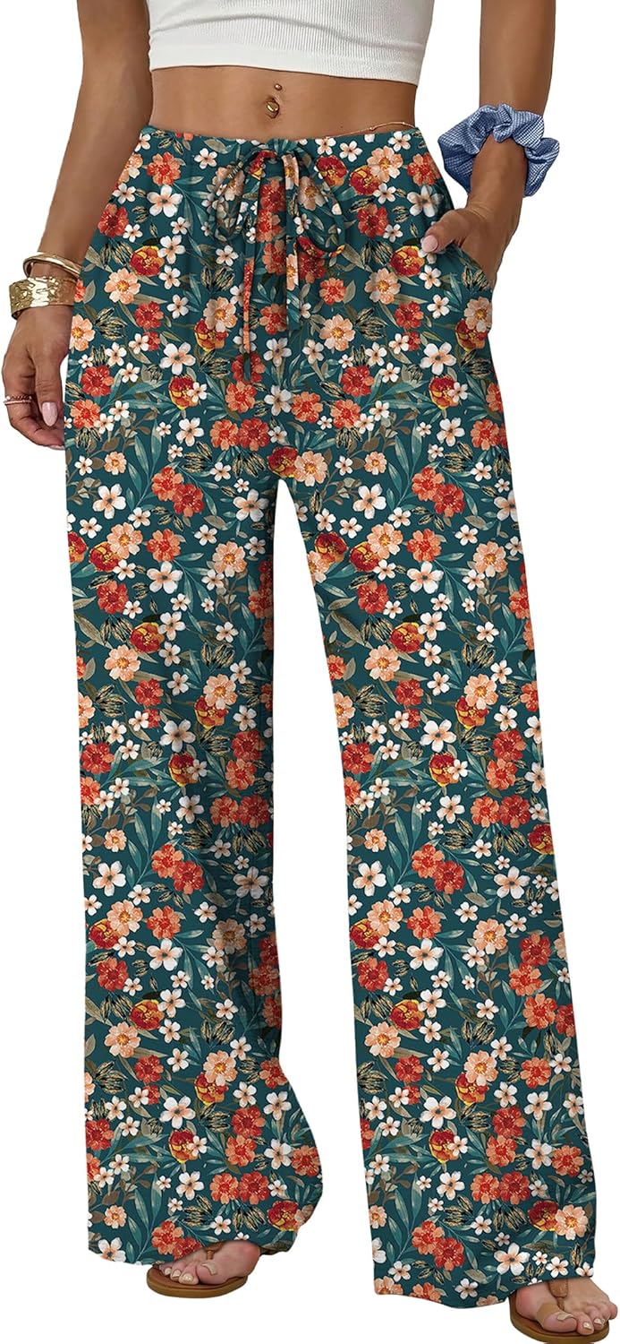 Wide Leg Pants for Women - Flowy Palazzo Trousers with Drawstring & Pockets | Summer Beach Vacation Wear