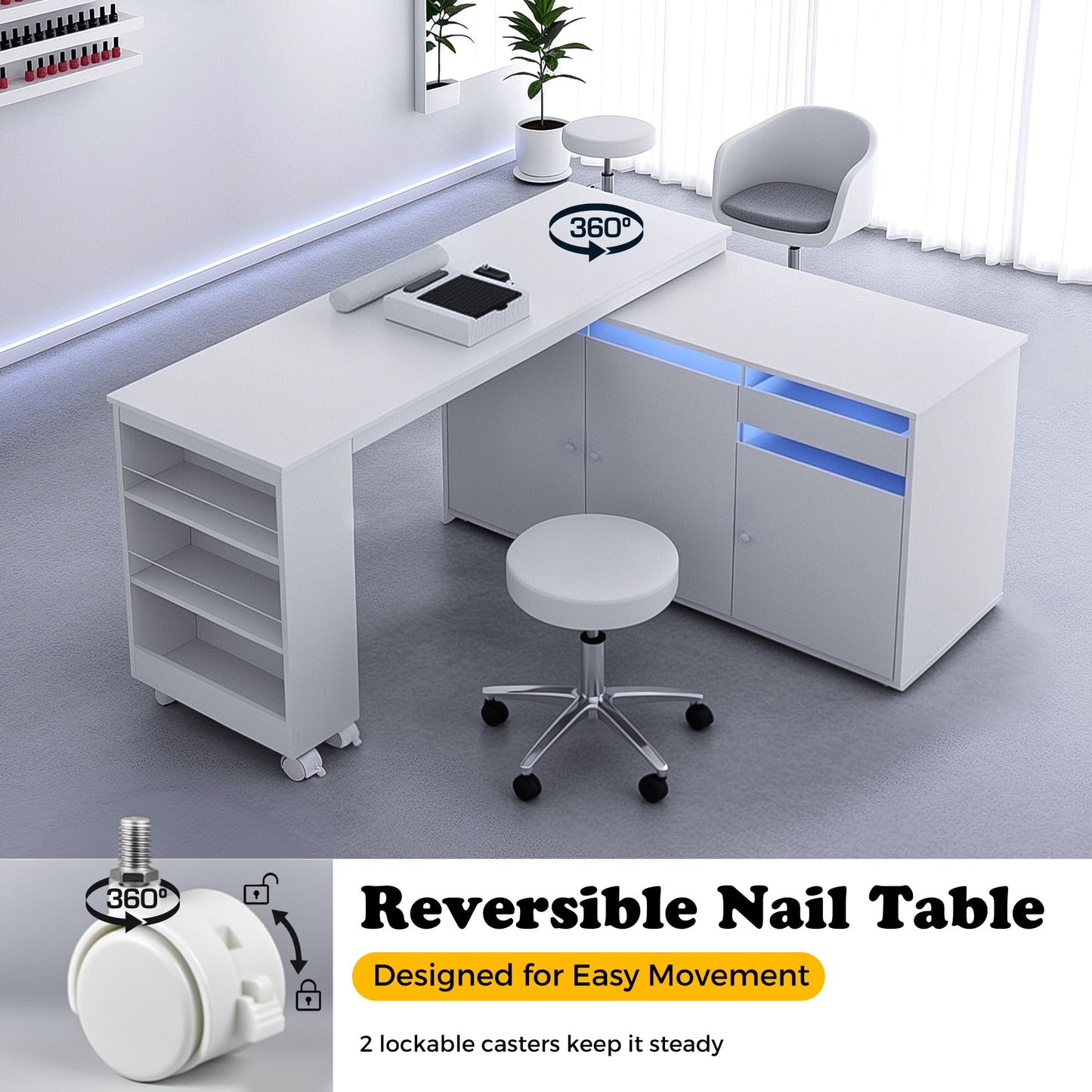 HolaiNail L-Shaped Manicure Table with Dust Collector, Nail Tech Desk with Storage Cabinet, Drawer, Rotating & Convertible Nail Workstation with LED Light, White