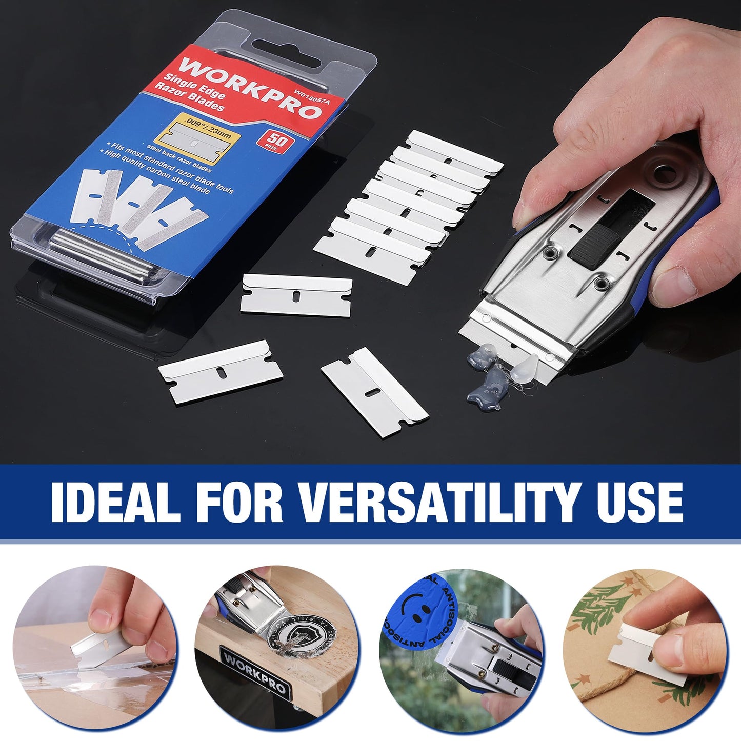 WORKPRO 50-Pack Single Razor Edge Blades, Industrial Scraper Razor Blades, High Carbon Steel One Edge Razor Blades