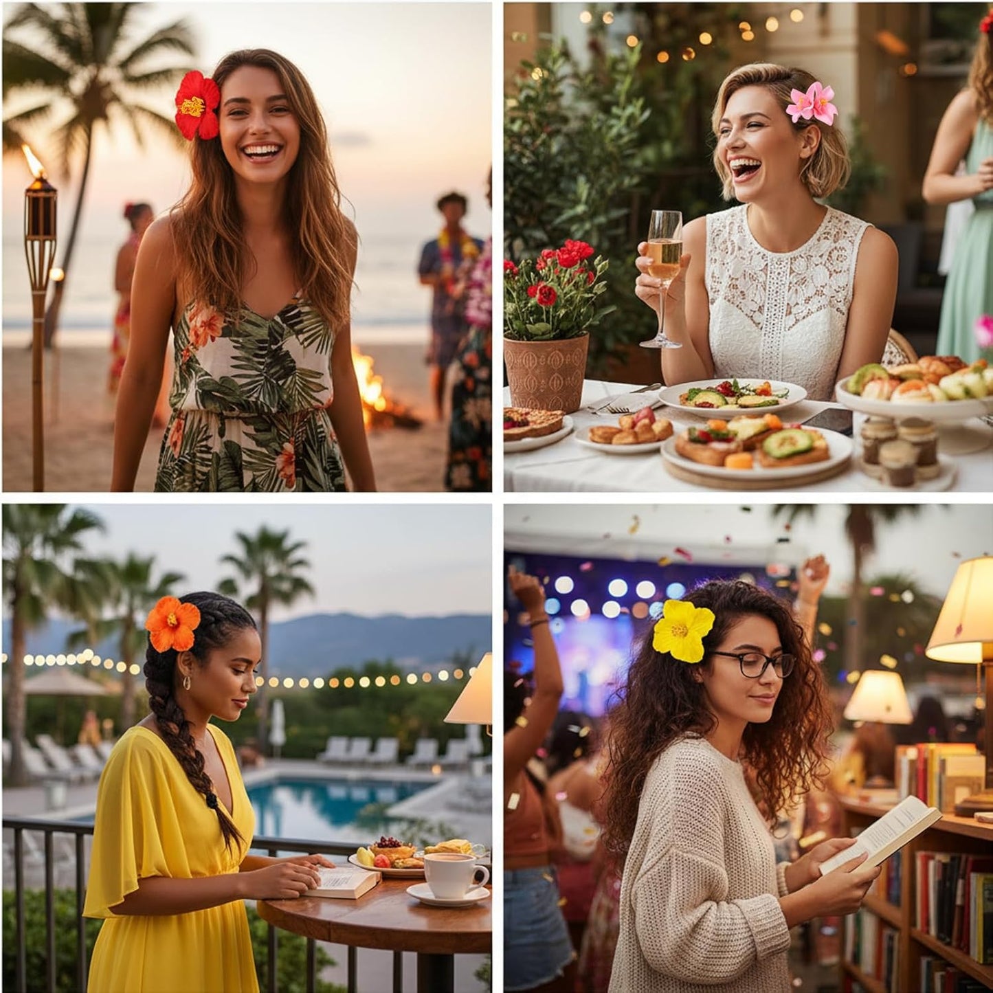 Hawaiian Flower Hair Clips - 8 Pcs Plumeria & Hibiscus Hair Claw Clips | 3.5 Inch Beach Accessories for Women & Girls