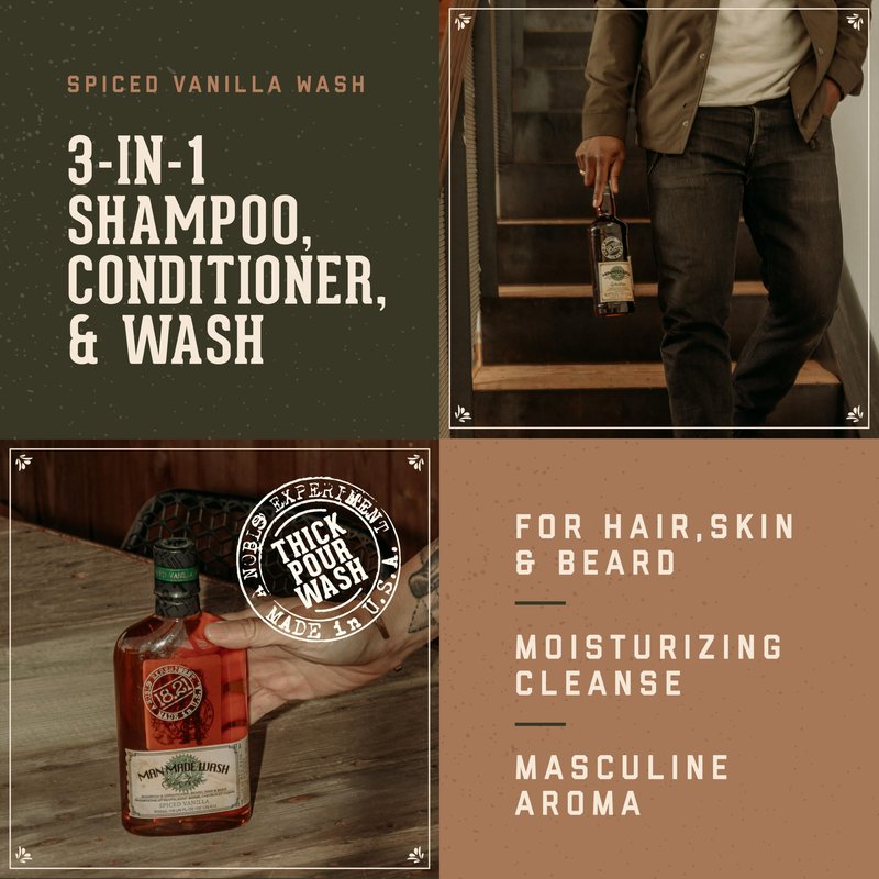 18.21 Man Made Original Spiced Vanilla 3-in-1 Body Wash, Shampoo, & Conditioner for Men, All Hair & Skin Types, Strengthens and Moisturizes in a Manly Aroma, 3.4oz