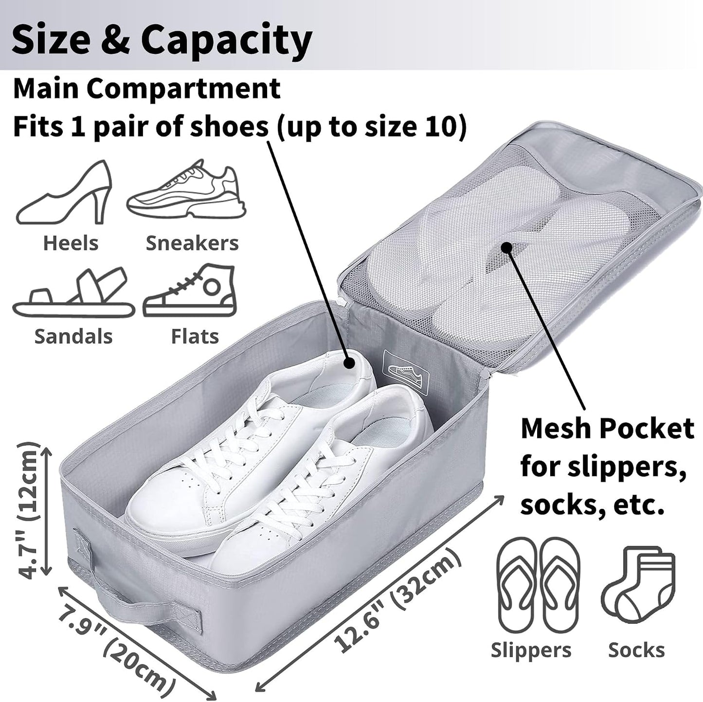 Travel Shoe Bag - Holds 2 Pairs of Shoes | Durable Packing Cubes for Travel (Grey, 2 Pack)