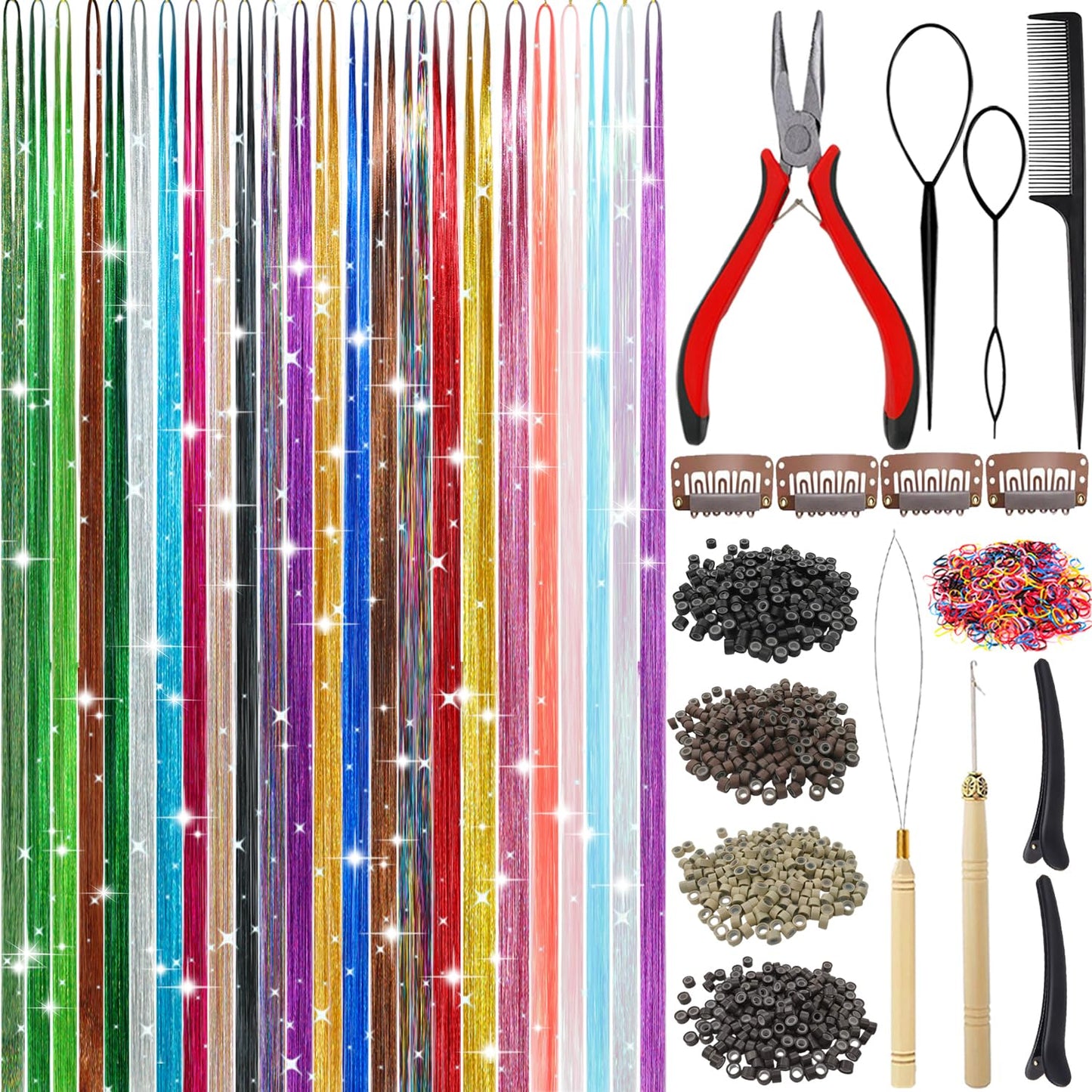 Hair Tinsel Kit - 24 Vibrant Colors, 9800 Strands, 48 Inch Glitter Hair Extensions | Festive Party Accessories for Women & Girls