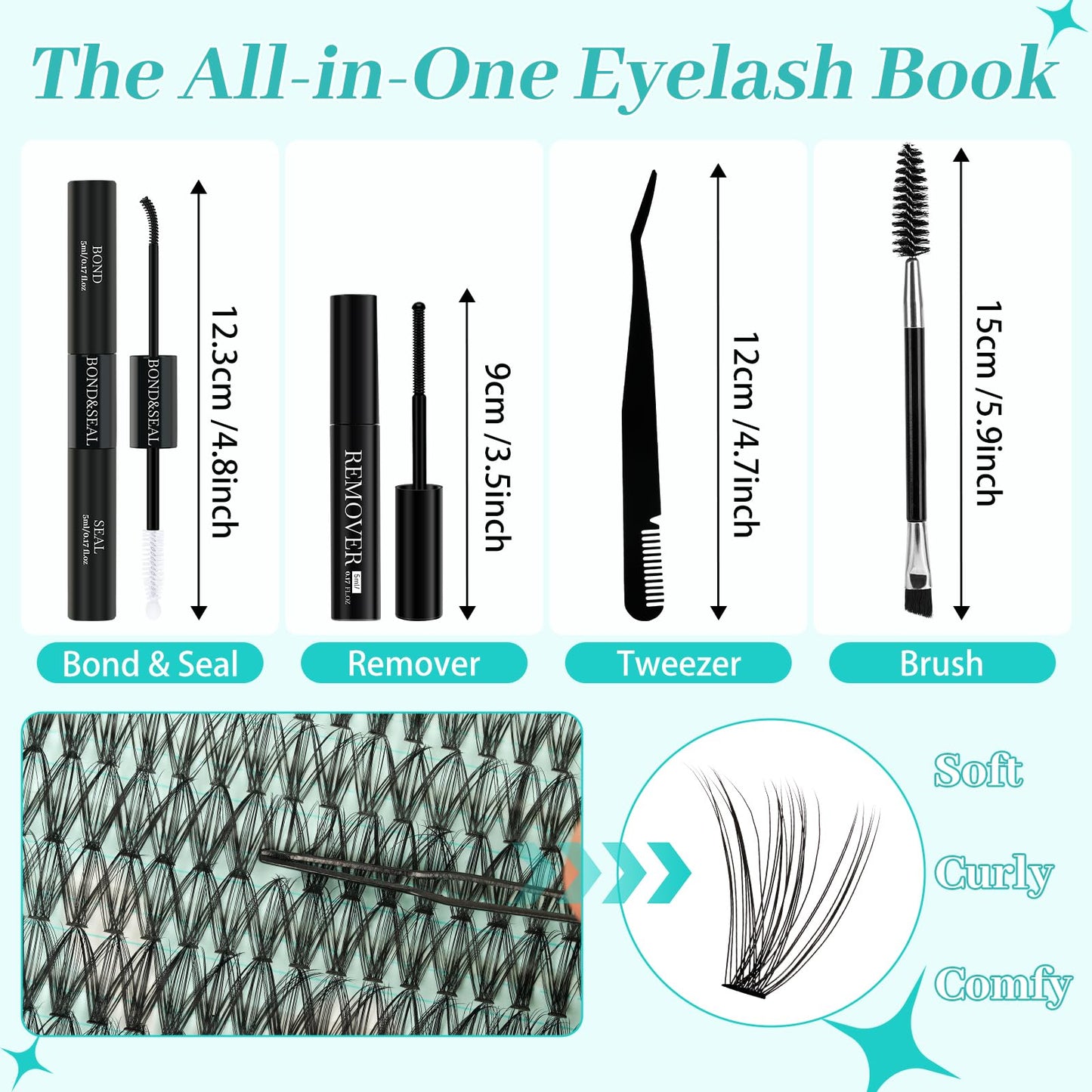 Lash Clusters Kit 640Pcs, Eyelash Clusters Extensions Kit 30D+40D+50D+60D, Lash Bond and Seal Waterproof, Lash Remover and Tweezers and Function Brush for DIY Lash Extension Kit(D-Mix9-16mm Kit)