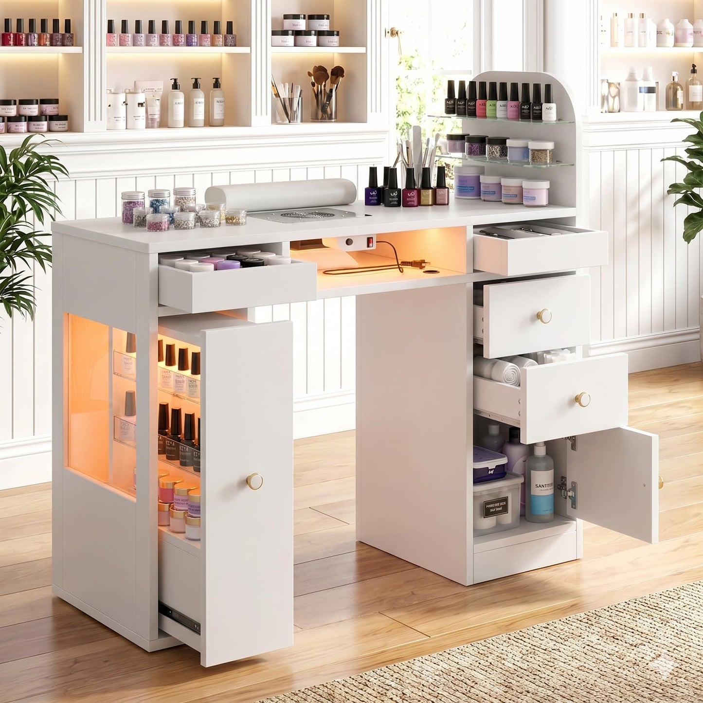 TTGIEET Manicure Table for Nail Tech w/LED Light Display Cabinet，Professional Nail Tech Desk with Storage Cabinet & Drawer, Dust Collector, Wrist Rest, Acetone-Resistant, for Beauty Salon, Spa & Home