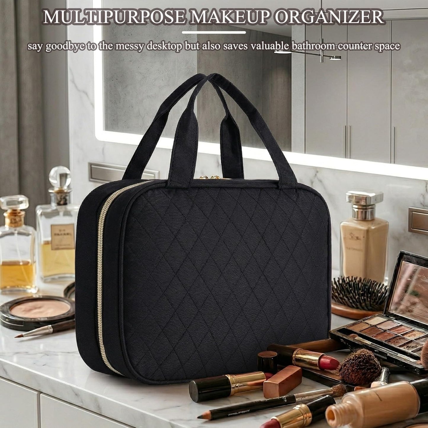 Travel Toiletry Bag - Waterproof Hanging Makeup Organizer for Women | Full-Size Cosmetic Storage (Black)