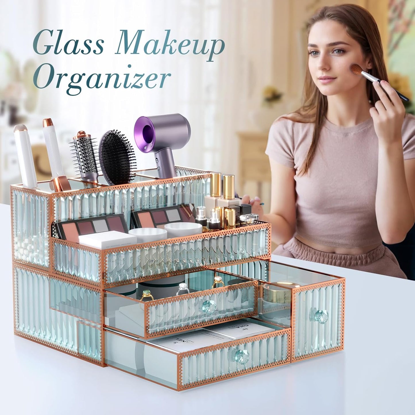 Makeup Organizer - Tempered Glass Vanity Storage for Cosmetics, Skincare & Hair Tools | Multipurpose Countertop Organizer