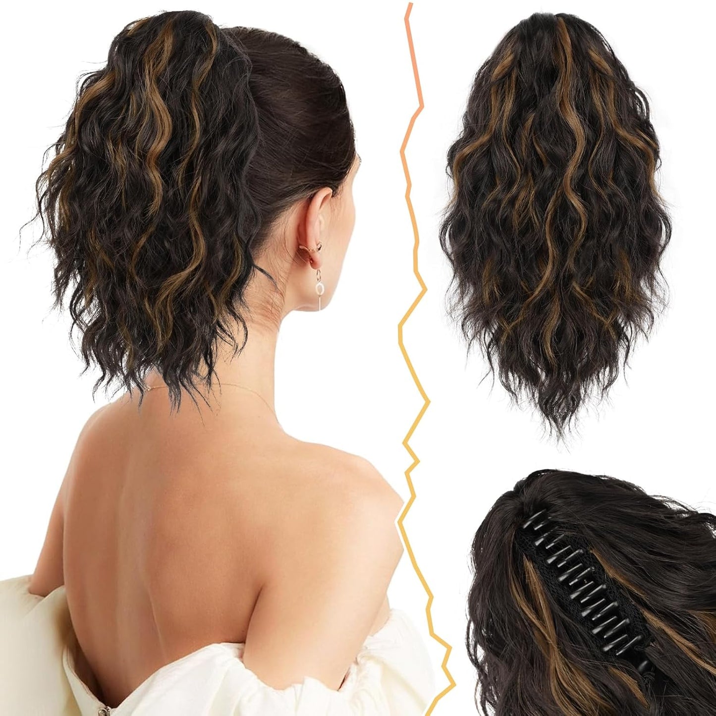 Ponytail Hair Extensions - 12 Inch Claw Clip Dark Brown Curly Wavy Ponytail for Women