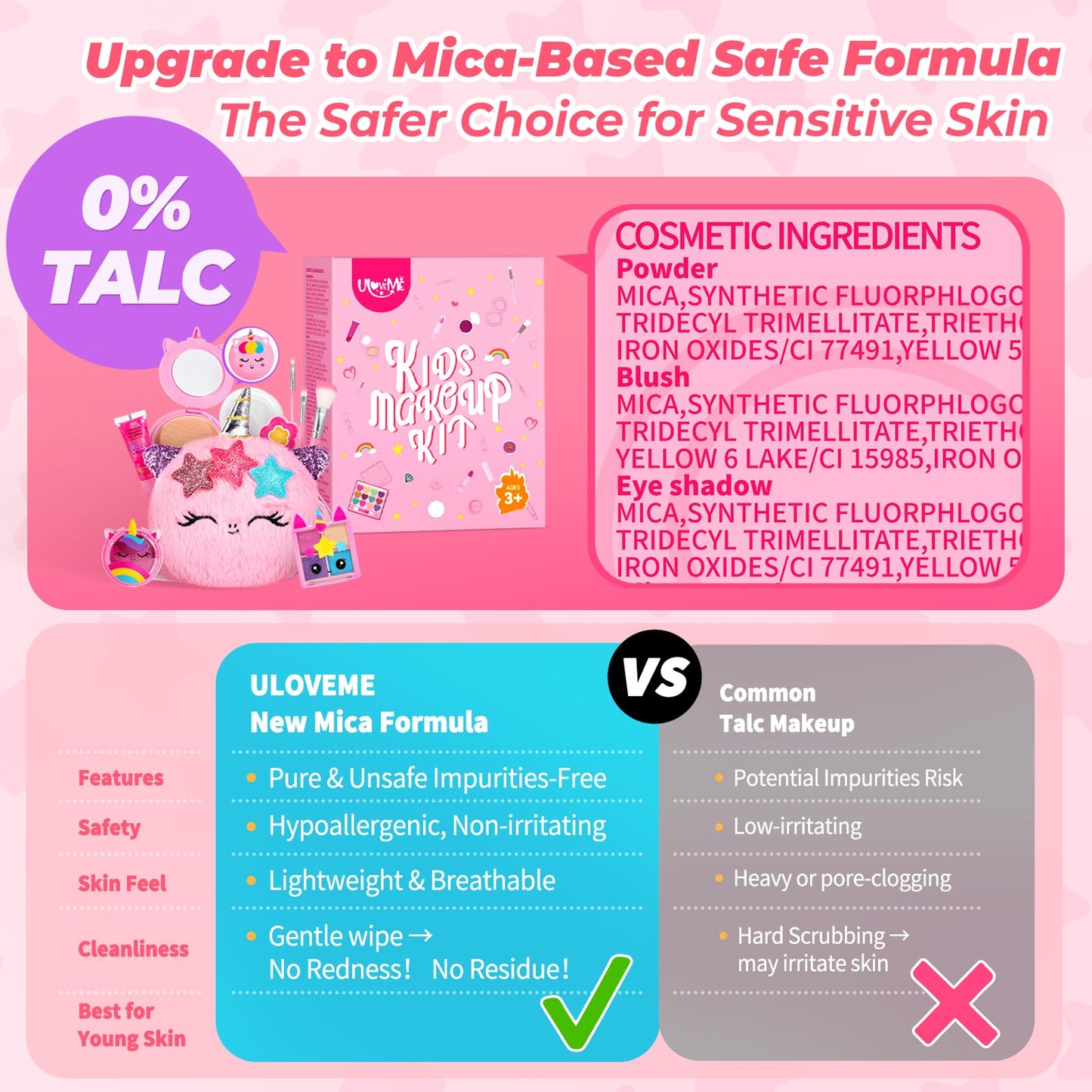 ULOVEME Talc-Free Kids Real Makeup Kit for Little Girls - Mica-Based Safe Formula, Real, Non Toxic, Washable - Ideal for 4 5 6 7 8 Years Old Girls Birthday, Dress Up Party