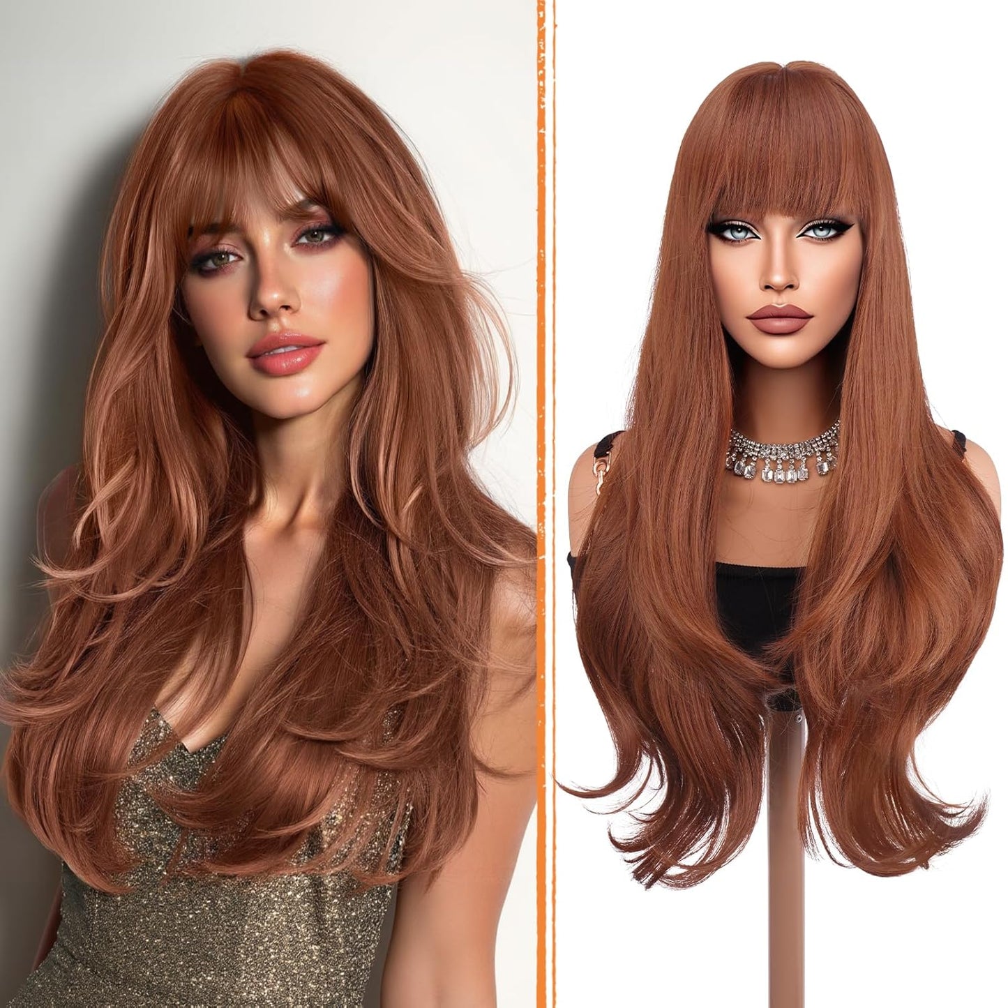 Auburn Wigs with Bangs - Long Layered Synthetic Heat-Resistant Wavy Hair | 26 Inch for Daily Wear & Parties