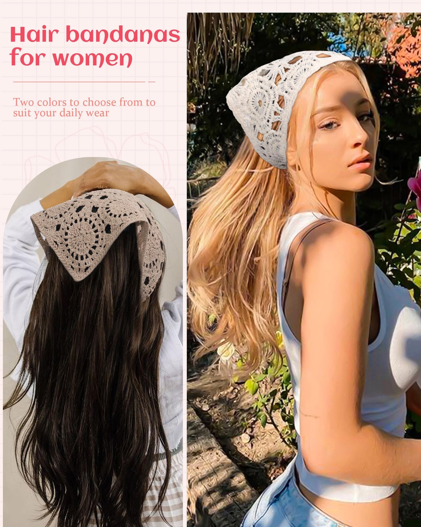 HAIMEIKANG Crochet Hair Bandanas for Women Knit Head Scarf Bandana Headband Scarf Tie-Back Floral Headscarf for Girls(White+Coffee)