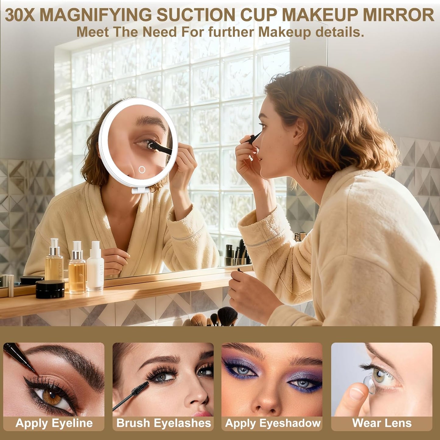 30x Magnifying Makeup Mirror with Light - 6" Travel Size, 3 Suction Cups, 3 Lighting Colors | Handheld Design, Stable Stand