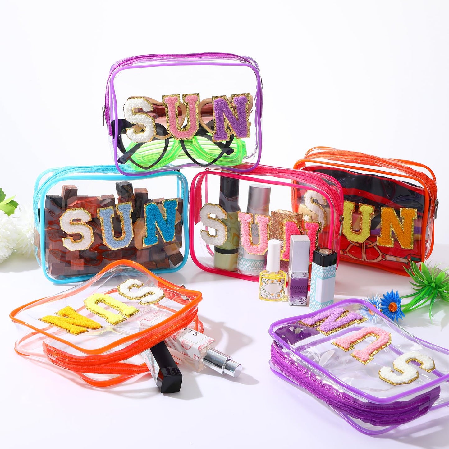 Kacctyen 8 Pcs Clear Makeup Bag Bulk Summer Beach Sunscreen Pouch Waterproof Toiletry Cosmetic Zippered Organizer with Preppy Chenille Letter Patch (Sun,Clear,Blue,Purple,Rose Pink,Orange)