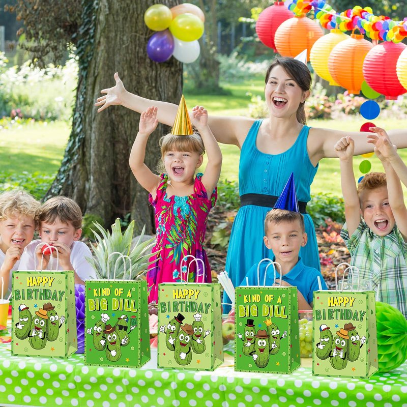 Pickle Party Favor Bags KIND OF A BIG DILL Paper Bags Big Cucumber HAPPY BIRTHDAY Gifts Bag Cute Cartoon Cucumber Wrapping Paper Funny Game Night Party Decorations for Adults Kids Birthday Supplies