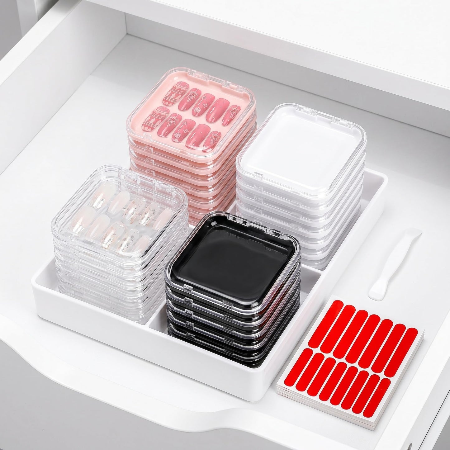 Jucoan 32 Pack Press on Nails Boxes, 2.75 x 2.75 Inch Press on Nail Display Case, Acrylic Fake Nails Storage Package Containers with 120 Adhesive Nail Tapes for Press on Nail Business Nail Art Salon