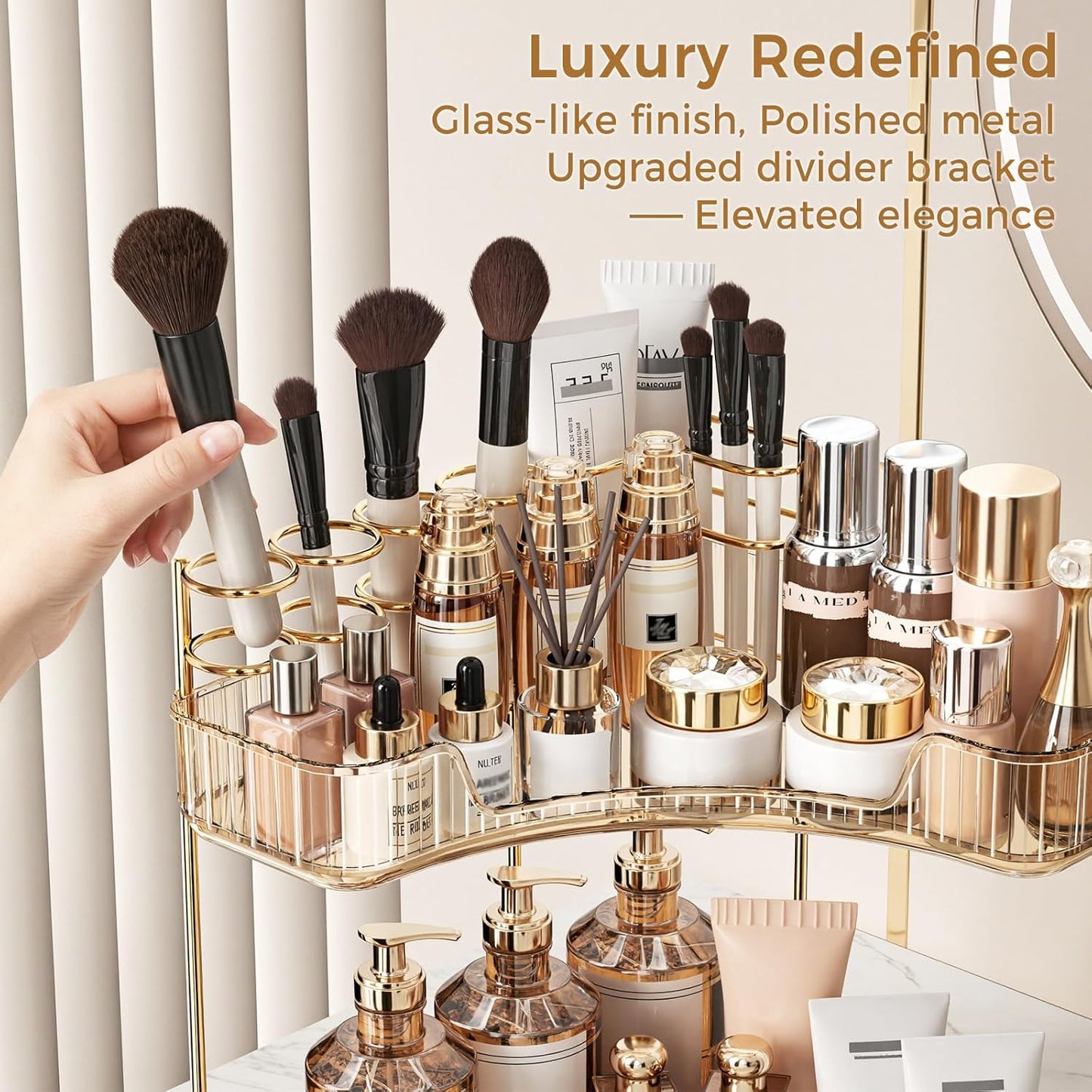 Corner Bathroom Counter Organizer - 3-Tier Makeup & Skincare Storage with Brush Holder | Elegant Gold Finish