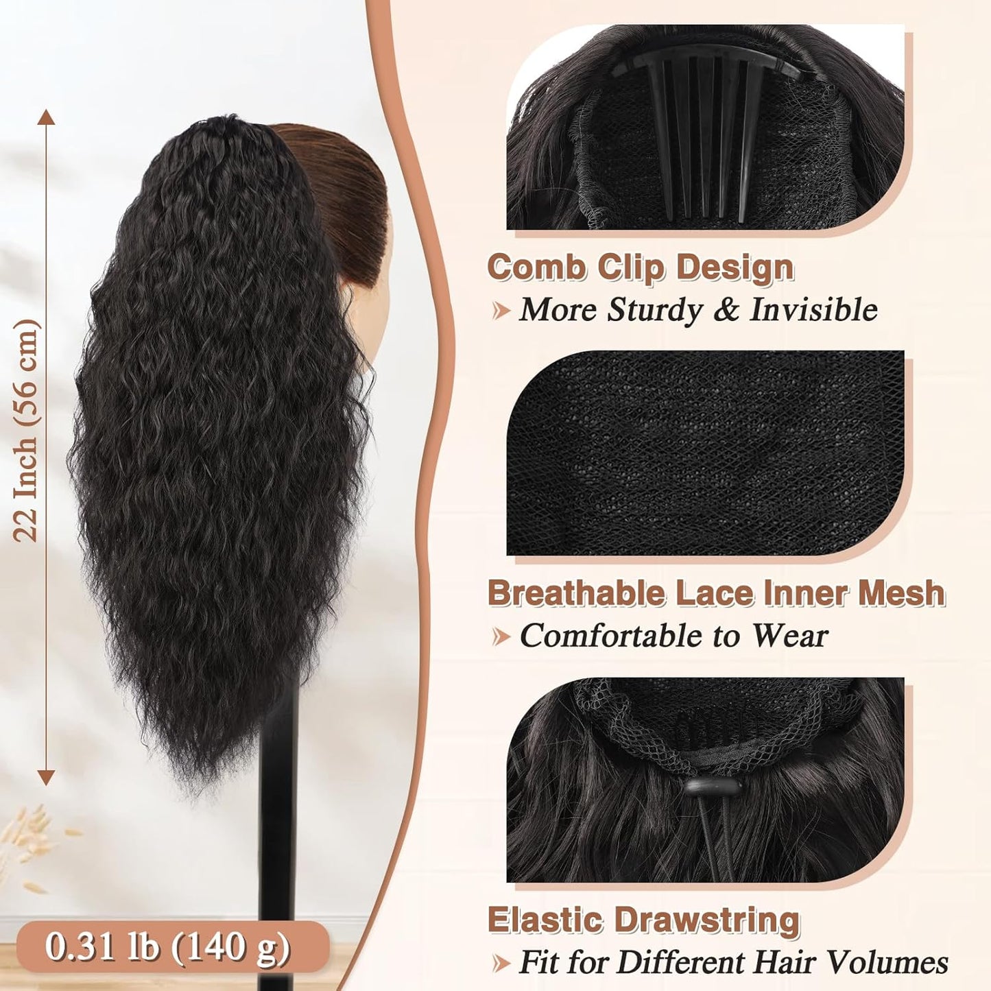 Curly Wavy Drawstring Ponytail Extension - 22 Inch Synthetic Clip-In Hairpiece for Women | Fluffy Bohemian Style