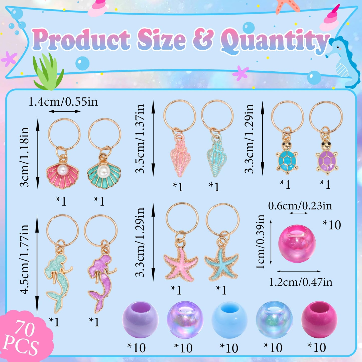 NAISKA 70PCS Pink Blue Beads for Braids Starfish Seashell Hair Charms Colorful Loc Beads Sets Mermaid Hair Jewelry Cute Multi-styles Hair Accessories for Kids Girls