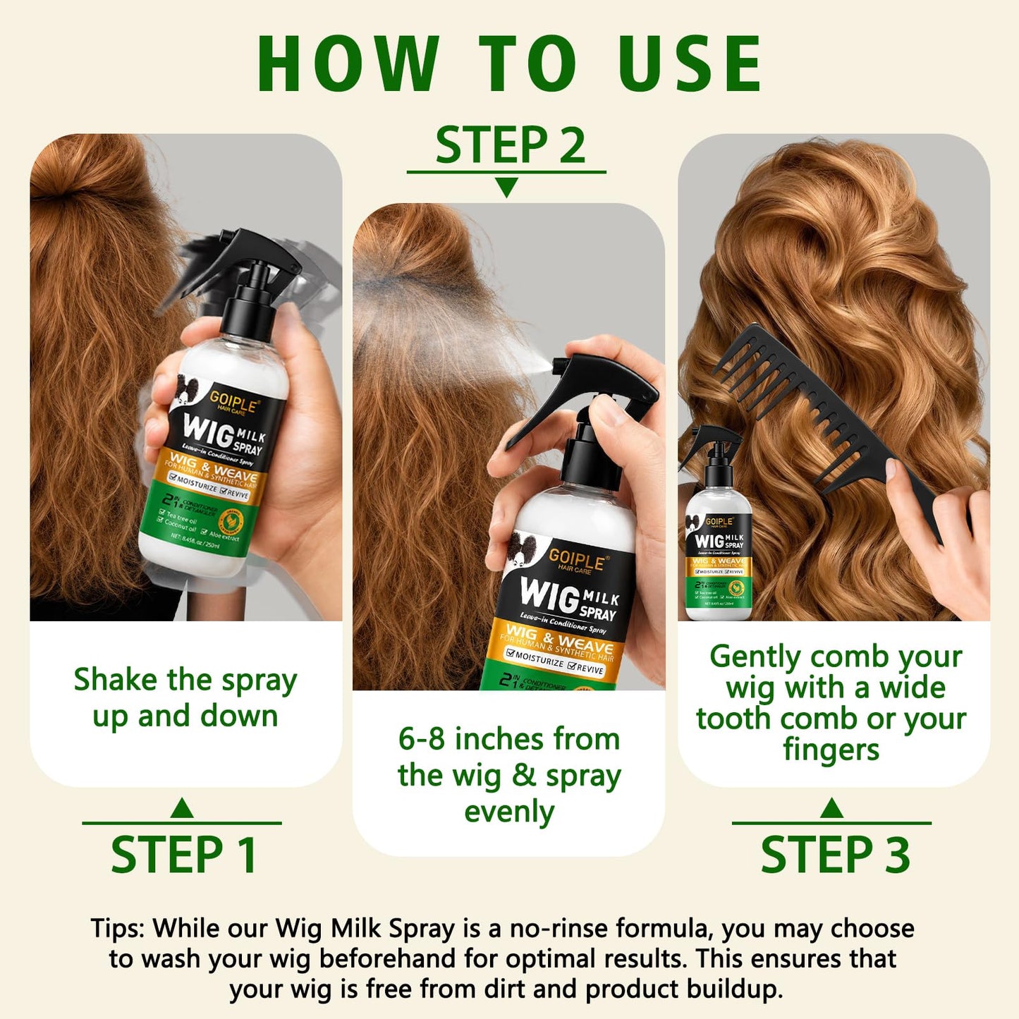 Wig Milk Spray for Synthetic Hair, Leave-In Conditioner Wig Detangler Spray for Human Wigs, Conditioner ＆ Detangler 2 in 1 Moisturizer, Hydrates & Replenishes Synthetic Hair Wigs Easy Combing 250ML