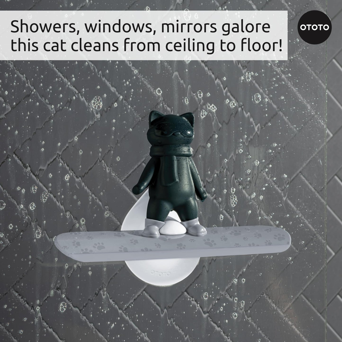 OTOTO Chill Cat Squeegee - Cute Kitchen Accessories, Cute Bathroom Decor, Black Bathroom Accessories, Shower Accessories, Shower Squeegee for Glass Doors, Small Bathroom Squeegee, Cat Gifts