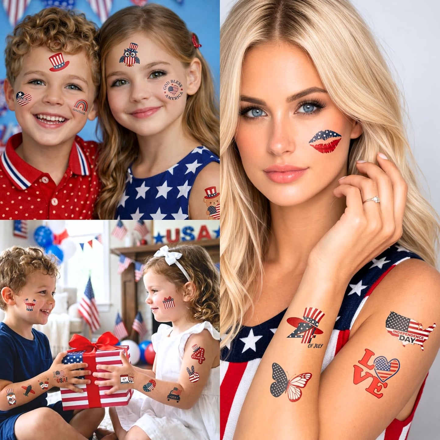 Fourth of July Temporary Tattoos - 105 Patriotic USA Stickers for Party Favors | Red, White & Blue Designs