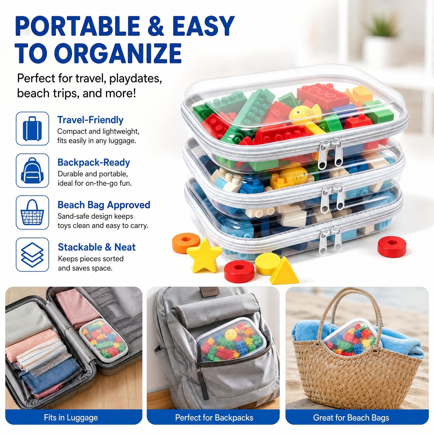 SXS LACONIC Clear Hard Plastic Zipper Case,Transparent Double Zippers Hard Pouch with 3pcs,Portable Travel Organizer Bin for Toy Storage