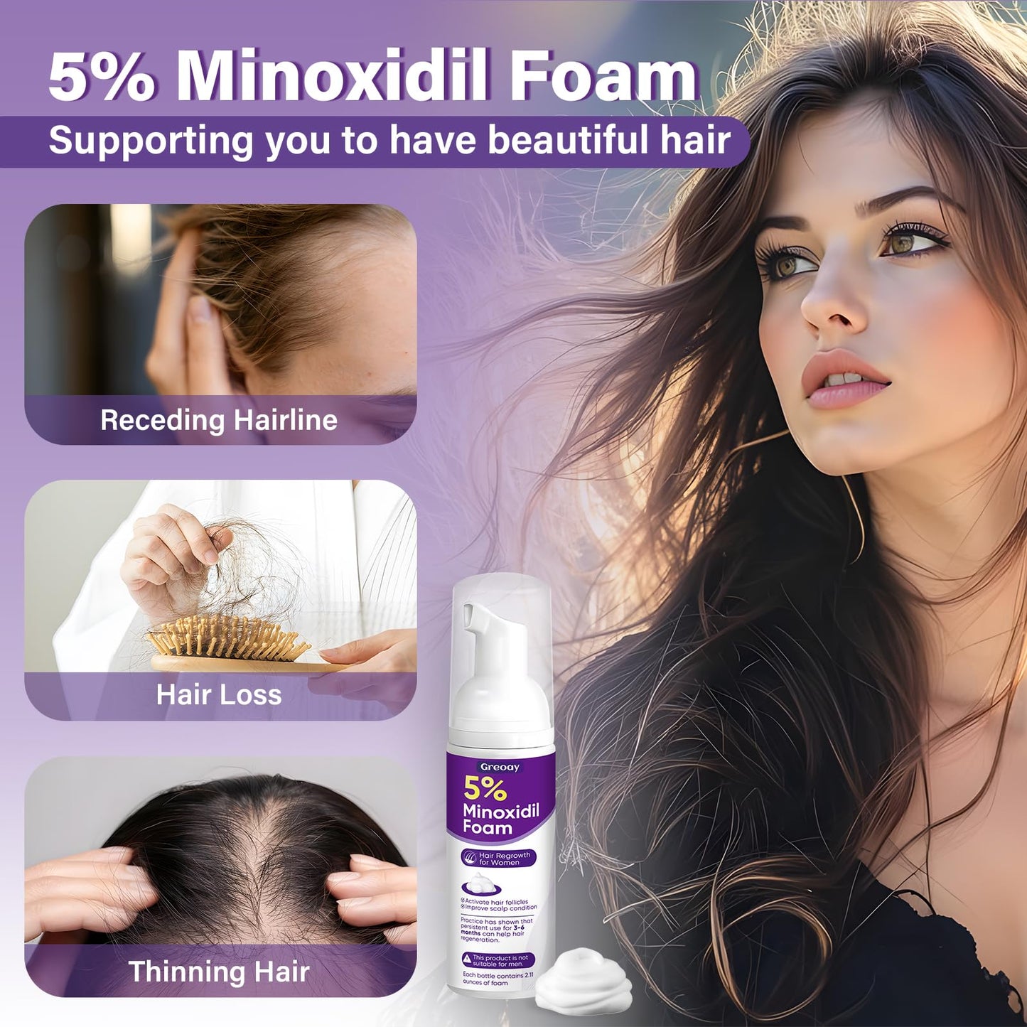 5% Minoxidil Foam for Women Hair Growth Foam Suitable for Hair Thinning Receding Hairline and Hair Loss to Hair Regrowth Get Thicker Fuller Hair 1 Bottles 2.11 Ounces Each
