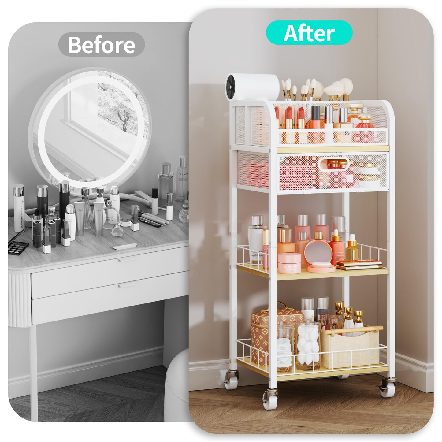 HapiRm Makeup Organizer Storage Cart - 4 Tier Skincare Make Up Storage with Drawer, Rolling Makeup Cart Vanity Organizer Cosmetics Display Cases Holder for Skin Care Perfume Nail Polish Brush