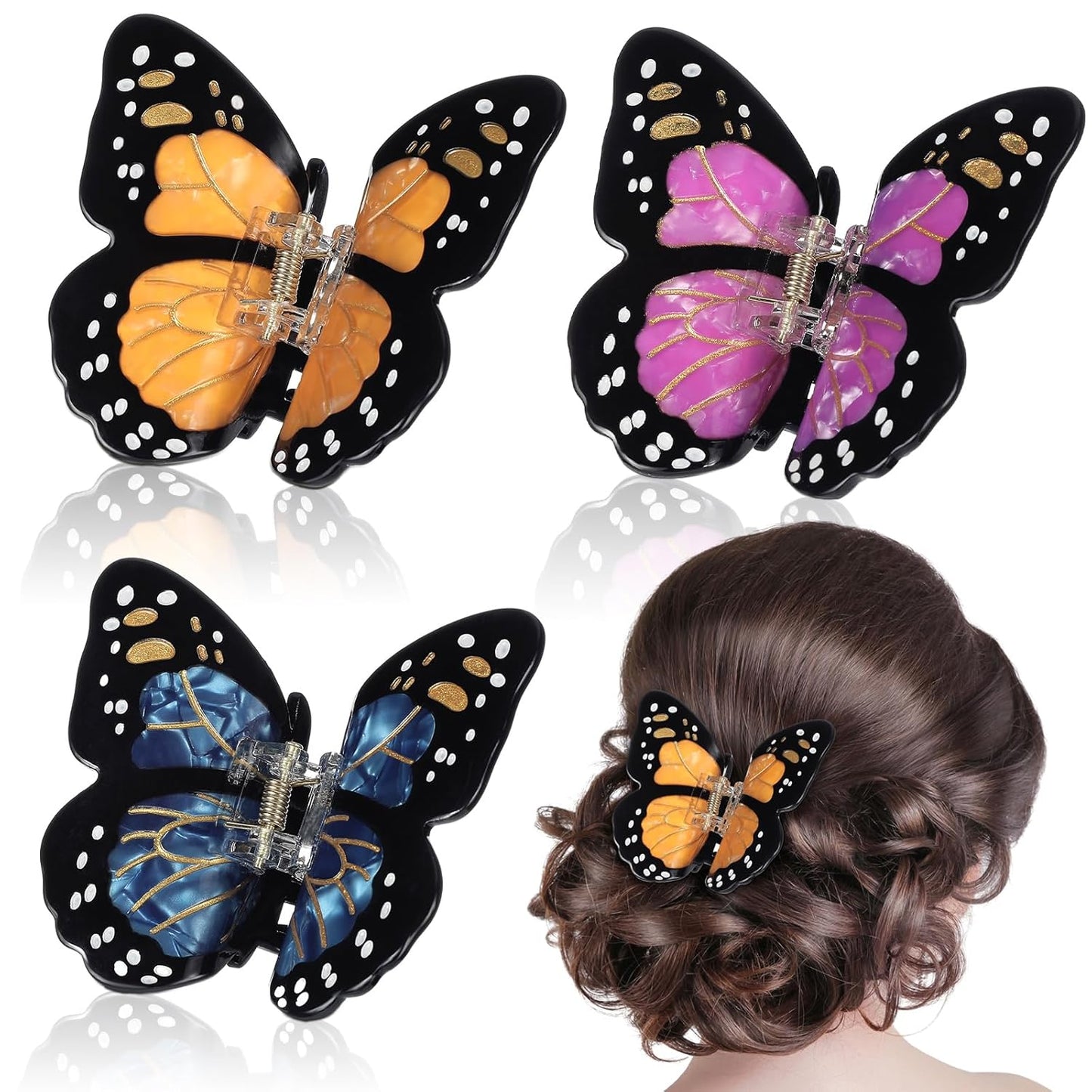 Monarch Butterfly Hair Clips - 3D Nonslip Claw Clips for Women | 3 Colors: Orange, Purple, Blue