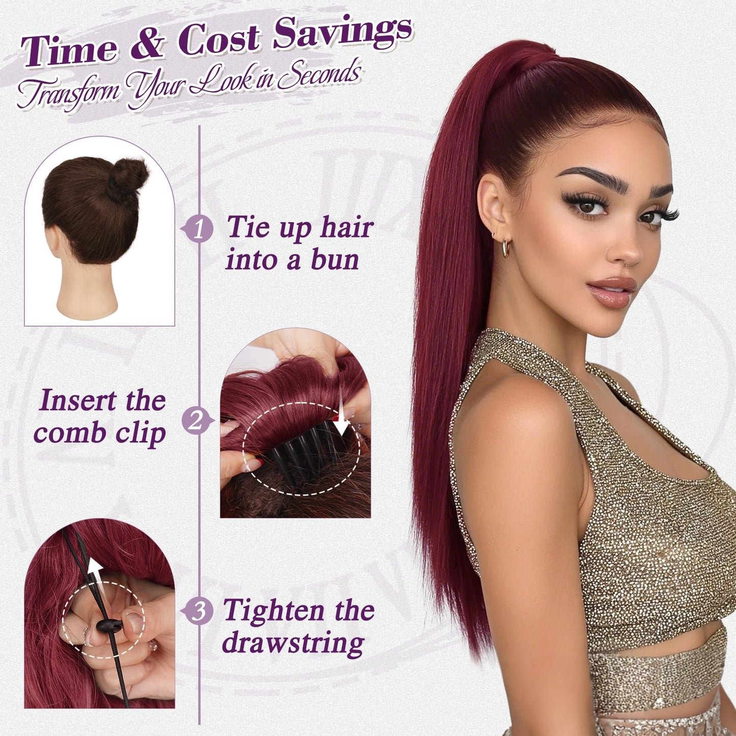 BARSDAR Red Straight Drawstring Ponytail Extension - 22 Inch Long Straight Drawstring Red Ponytail Extension Thick Natural Looking Soft Synthetic Cheer Posh Pony Tails Hairpieces Daily Party