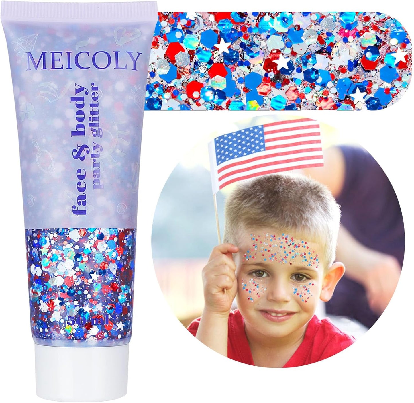 Red White and Blue Face Glitter - Patriotic Star Hair Glitter for Kids | 4th of July Accessories