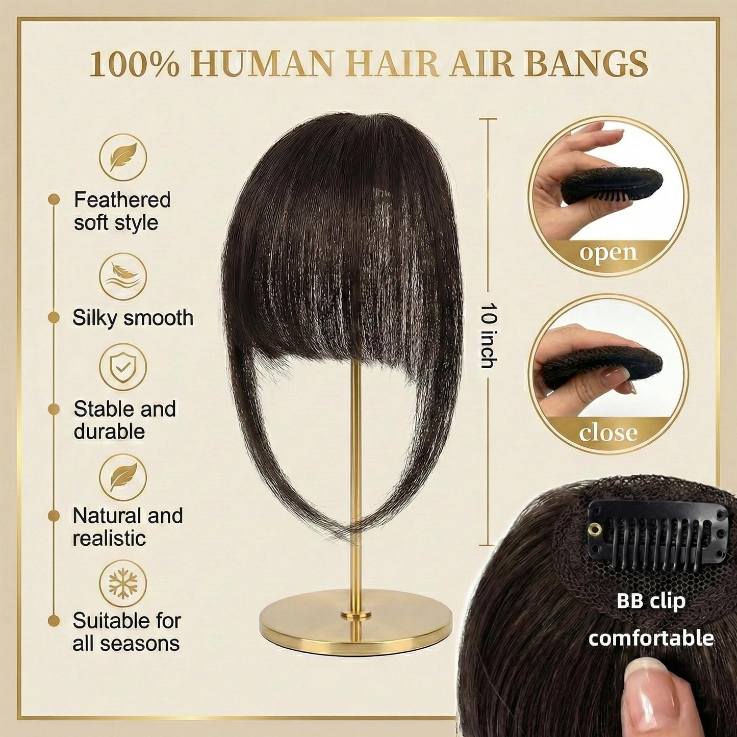 Ever Beauz Natural Wispy Bangs Hair Clip, 100% Remy Human Wig, Soft Feathered Fringe with Temples for Instant Face-Framing, Easy Snap-On Hairpiece (Brown Black)