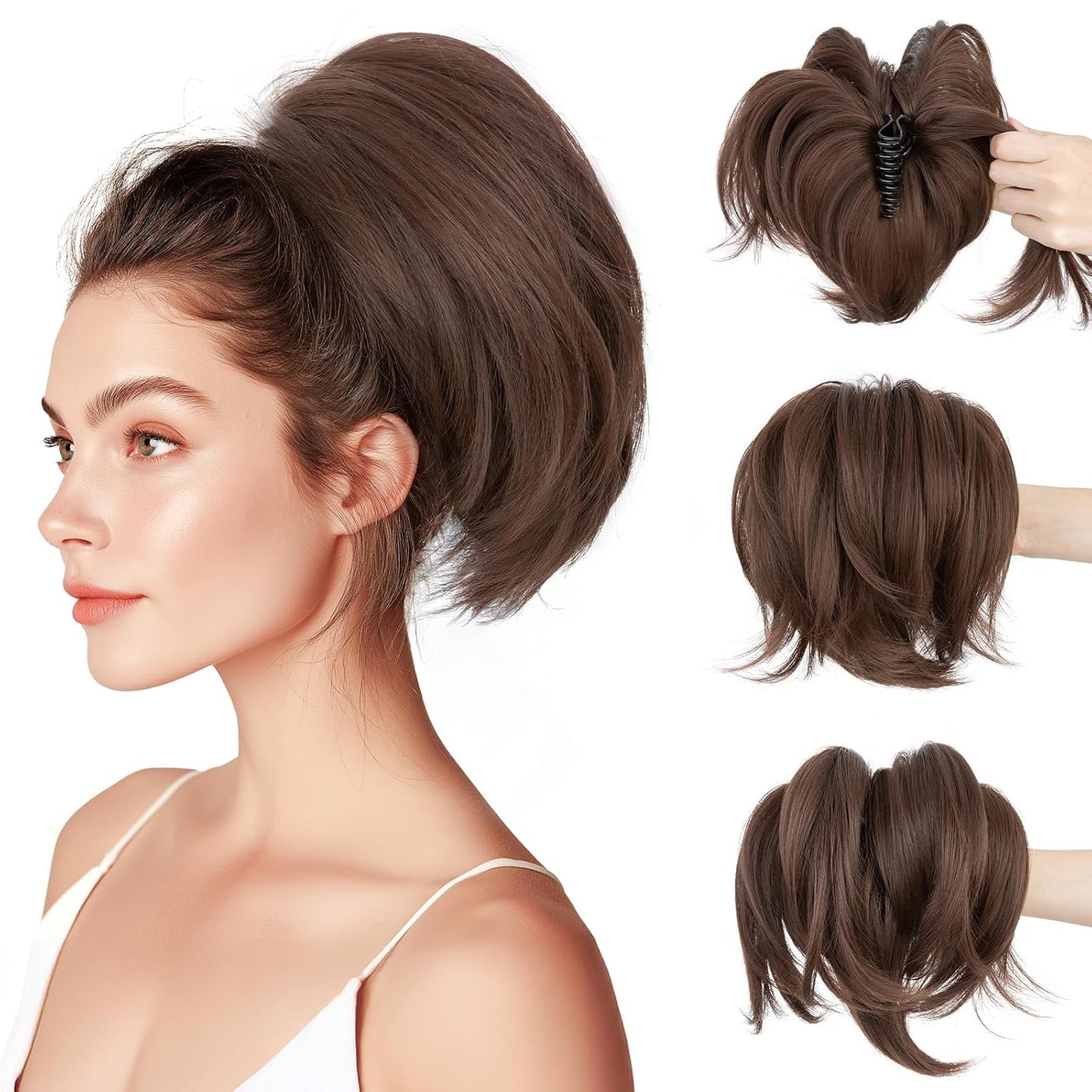 Claw Clip Short Ponytail Hair Extensions - Messy Bun Hair Piece for Women | DIY Bendable Synthetic Hair #12 Light Chocolate Brown