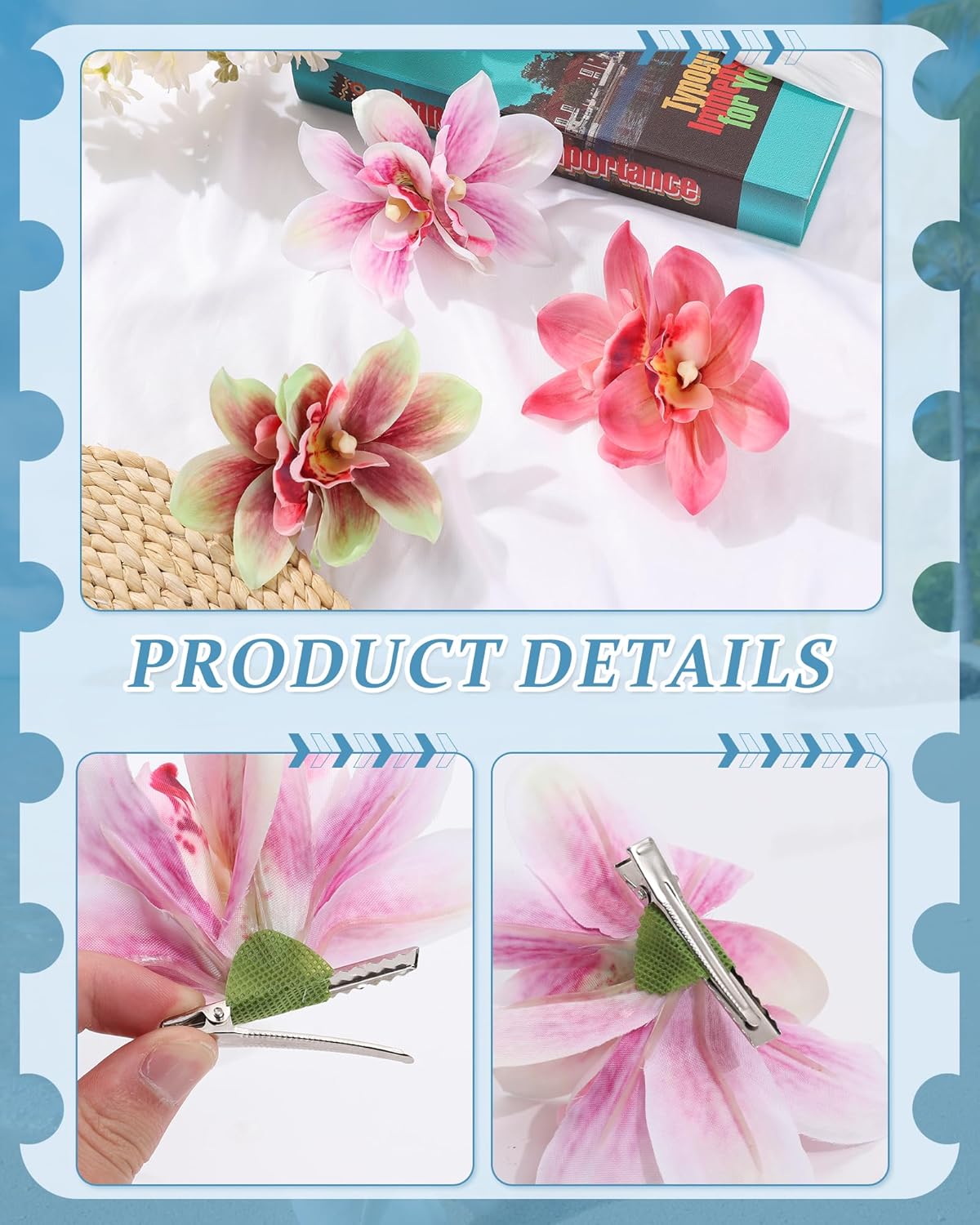 Hawaiian Flower Hair Clips - 3 PCS Artificial Orchid Barrettes for Weddings & Beach Parties | Pink, Rose, Green