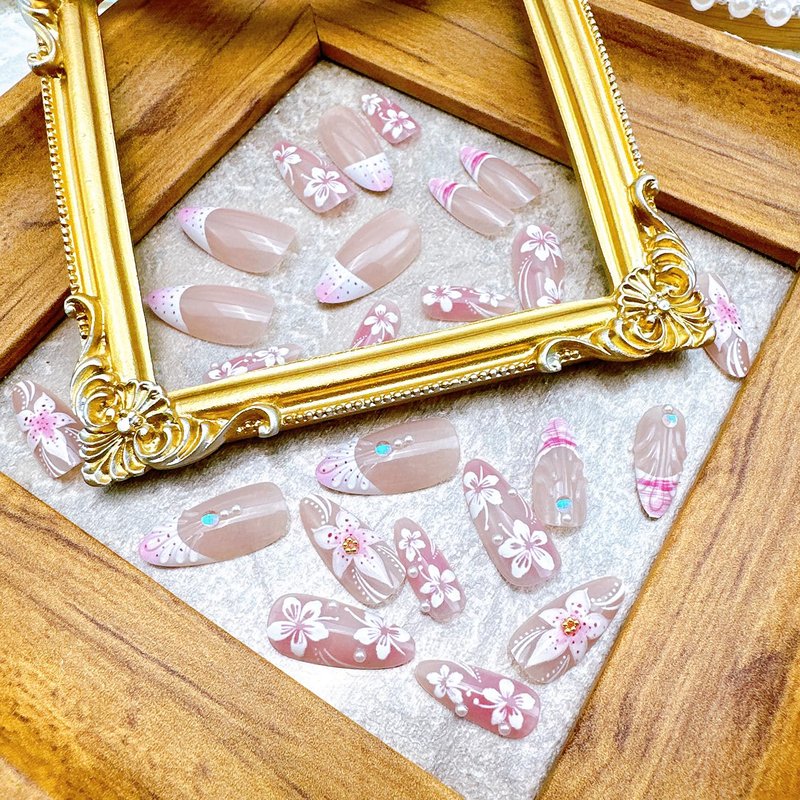 Press On Nails - 24 Pcs Pink French Tip with Pearl Rhinestones | Summer Beach Acrylic Floral Design