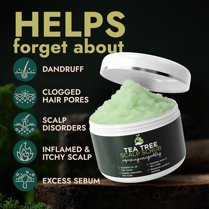 Tea Tree Scalp Scrub - Itchy & Dry Scalp Relief with Tea Tree Oil, Quartz & Sea Salt | Exfoliates & Supports Healthy Hair Growth (Pack of 2)