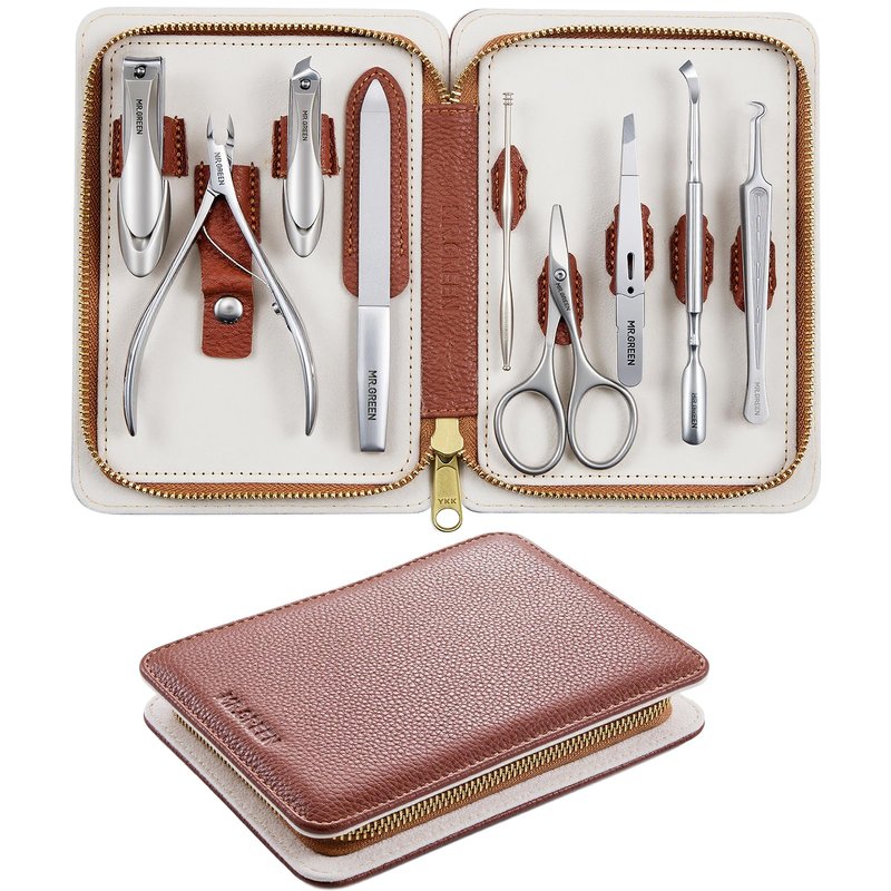 MR.GREEN 9-in-1 Manicure & Pedicure Set – Professional German Stainless Steel Nail Clippers Grooming Kit with Splash-Proof Nail Clipper & Genuine Leather Travel Case (Cognac Brown)