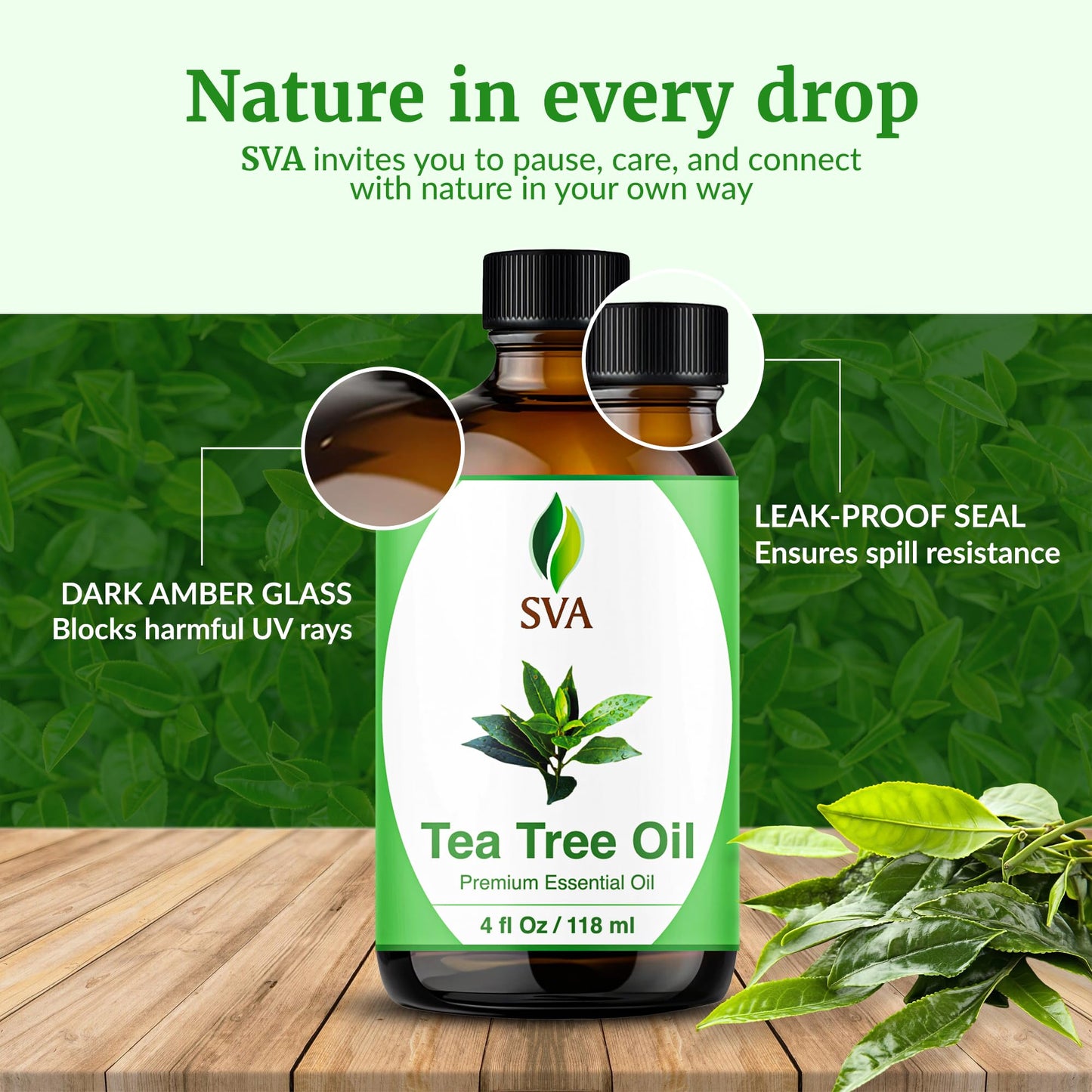 SVA Tea Tree Essential Oil – 4 Fl Oz – 100% Natural Tea Tree Oil - for Diffuser, Hair Care, Face, Skin Care, Aromatherapy, Scalp and Body Massage, Soap and Candle Making – with Dropper
