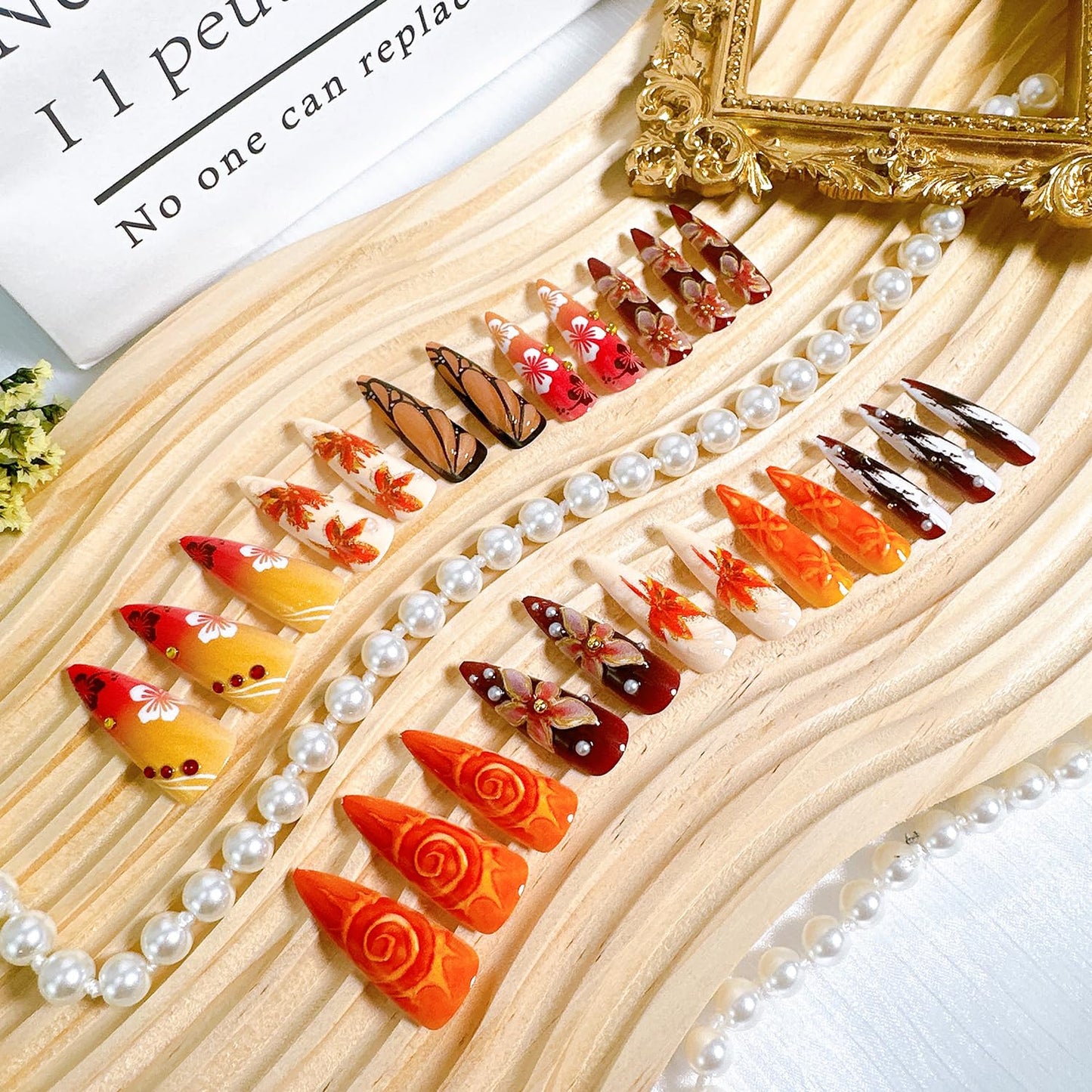Fall Press-On Nails - 24 Pcs Long Stiletto Maple Leaf Design with Pearl Rhinestones | Thanksgiving Acrylic Nail Tips