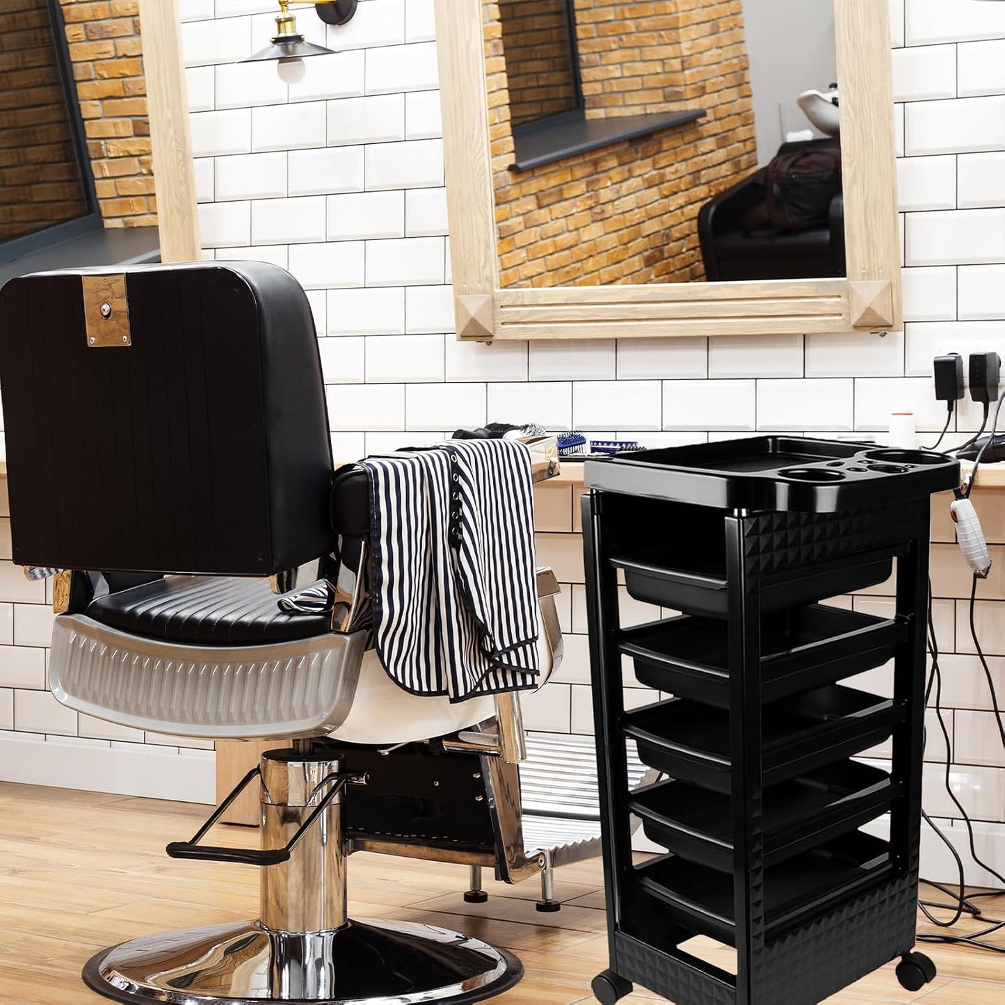 Salon Trolley Cart with Wheels - 5 Drawer Rolling Station for Hair Stylists | Black Hairdressing Equipment